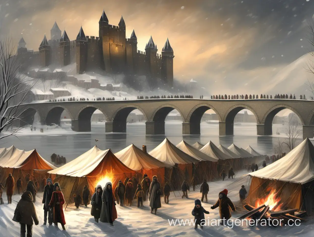 Много шатров и костров с беженцами зимой на фоне мост в замок окружённый стенами со всех сторон