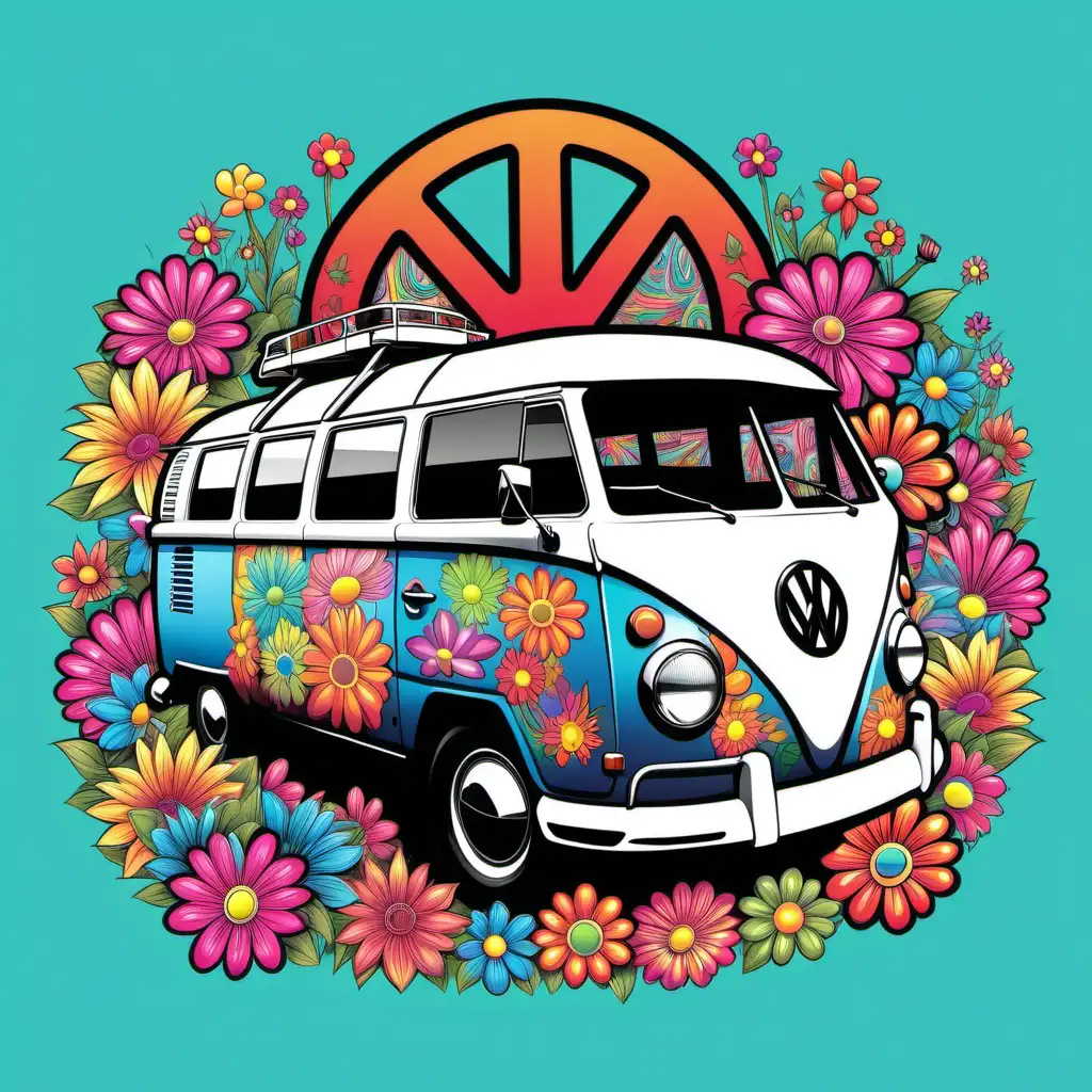 Psychedelic RetroStyle VW Bus Illustration with Peace Sign and Flowers