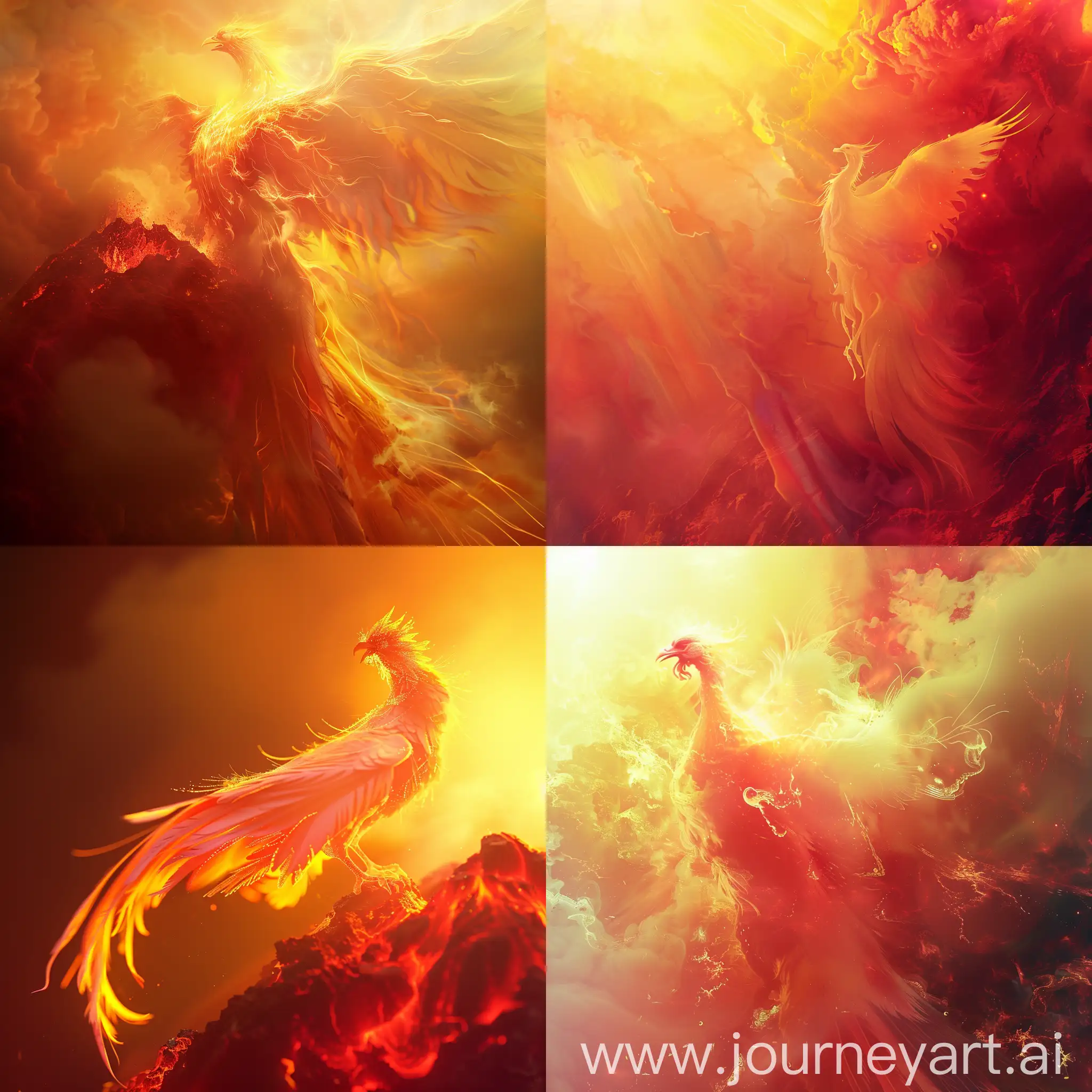 Phoenix mythology China character in a volcano, with subtle red and yellow gradients, fire effect, backlight, pastel colours, sci-fi, realistic, fantasy art.