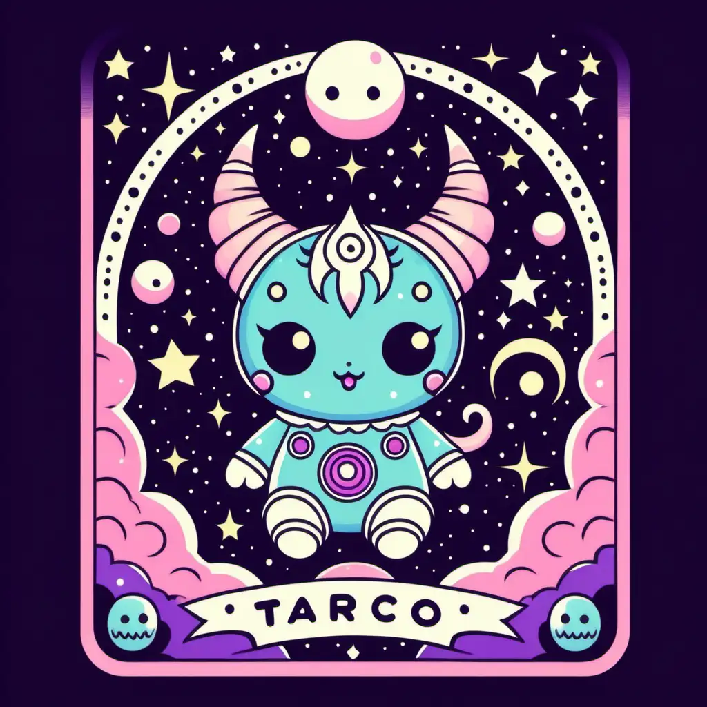 Vintage tarot card style, sanrio, kawaii, pastel goth flat vector illustration of space demon