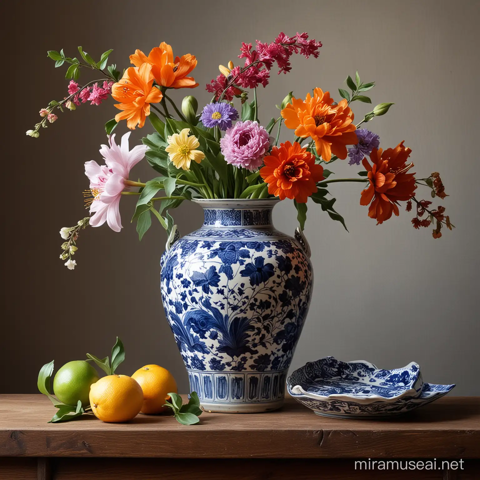 dutch still life with asian ceramic vase with flowers