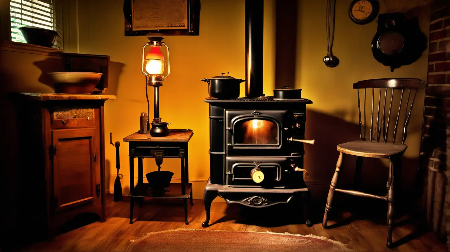 A black pot-bellied stove in the foreground, a small table next to it with a vintage old time radio on it. Warm lighting, a golden glow overall. Full color, photographic quality.