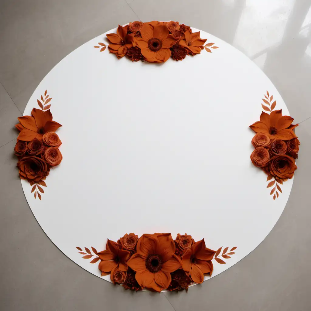 a white background for a wedding floor design with burnt orange flowers on the edges and a round flower in the middle  