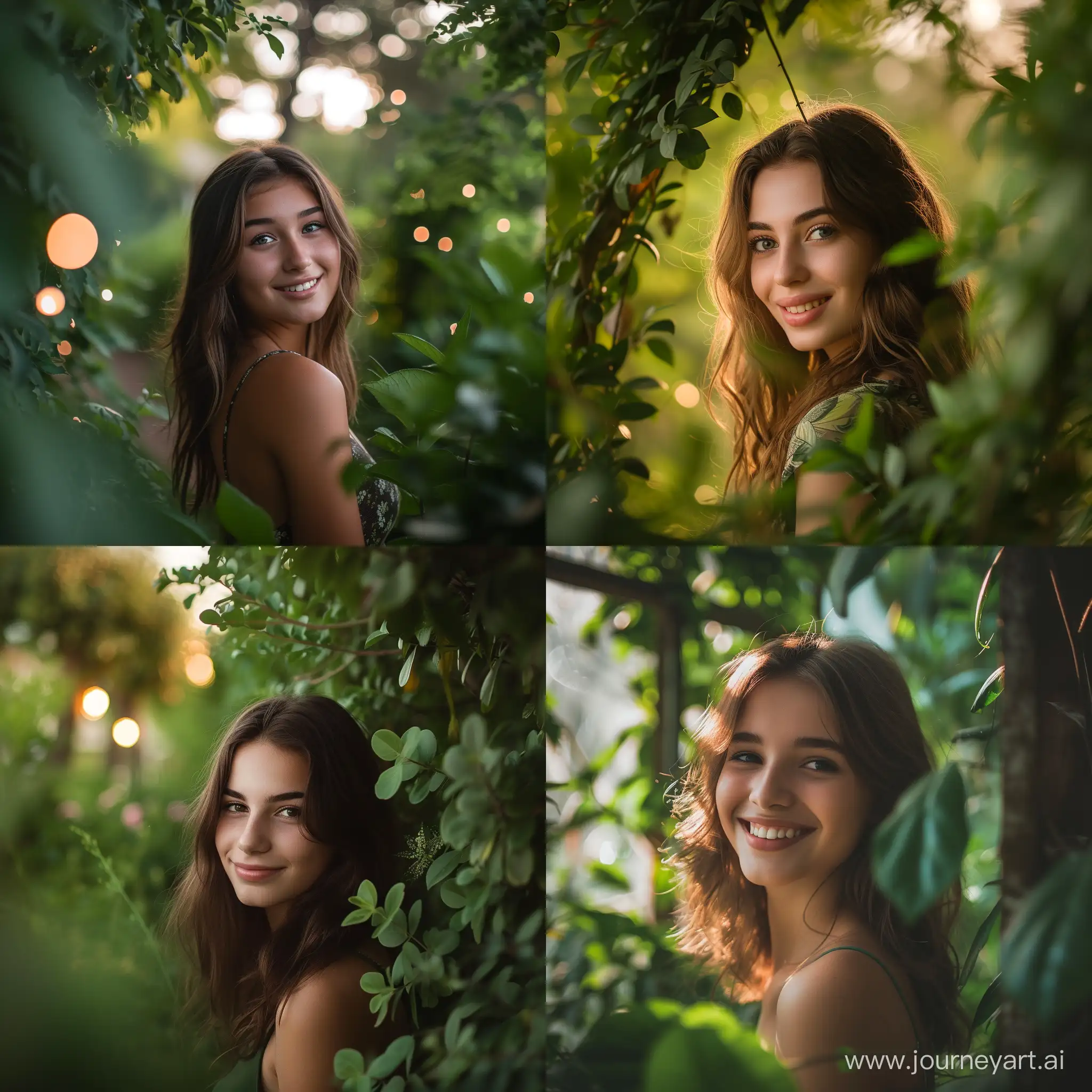 A Girl in green garden potrait . half body , smile , dreamy , outdoor lighting ,