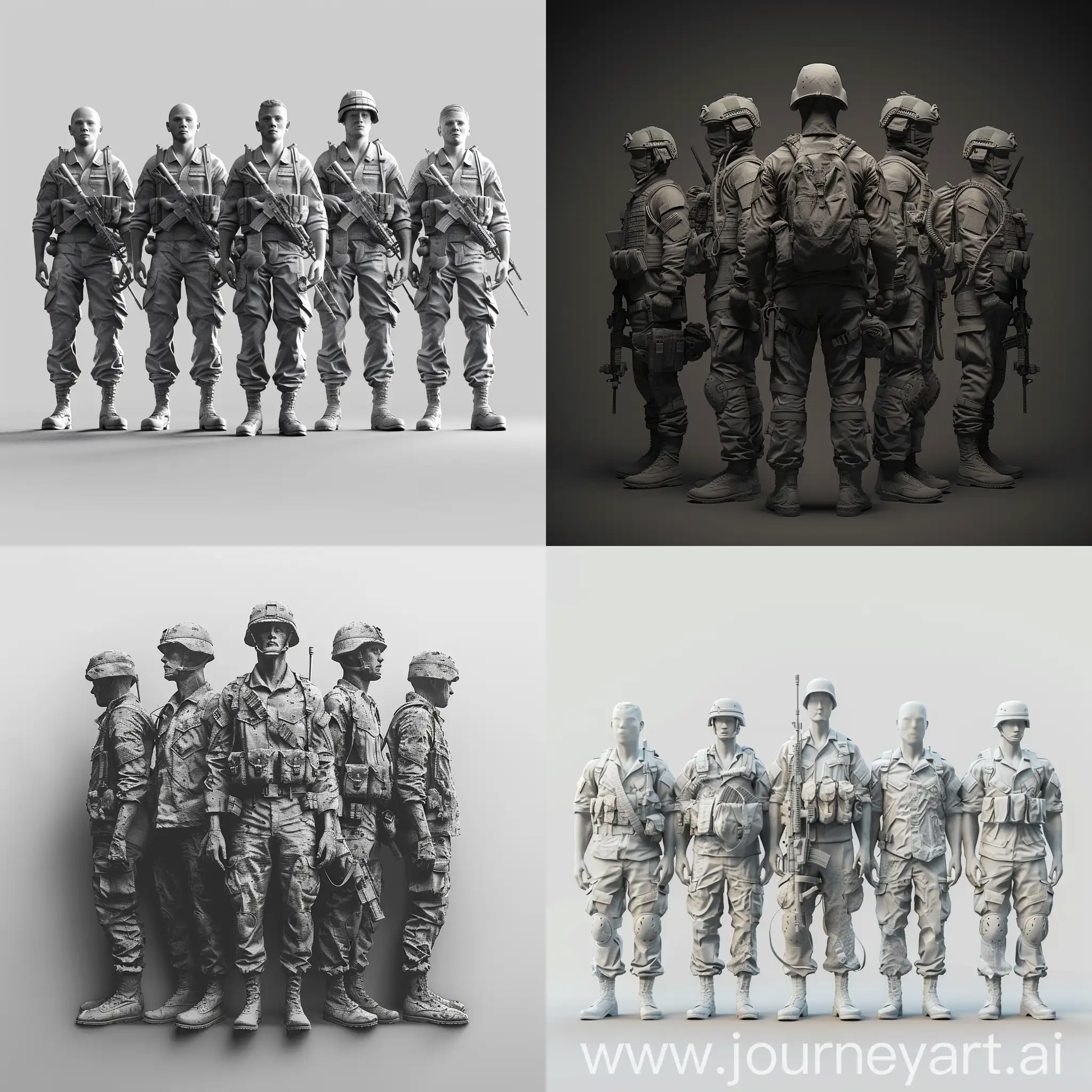 I would like to request a 3D image of five unarmed soldiers. The image should be realistic and detailed, and show no weapons. The purpose of the image is to design a poster