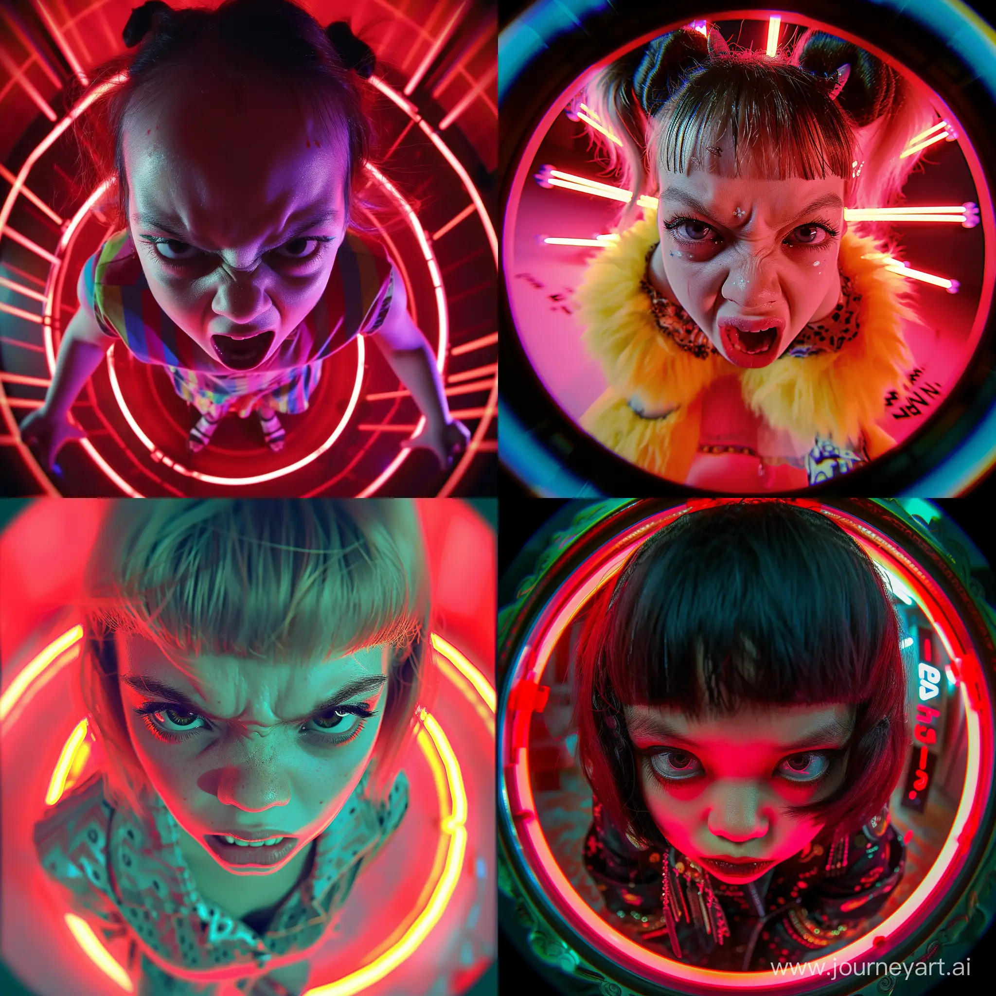 Create a highly detailed, colorful fashion shoot featuring a very extreme absurdly fantastic, angry little girl child. The image should be an extreme close-up with a fisheye lens, dynamic camera angle, and dramatic red light neon effects. The orientation should be square." --s 150 --ar 1:1 --c 10