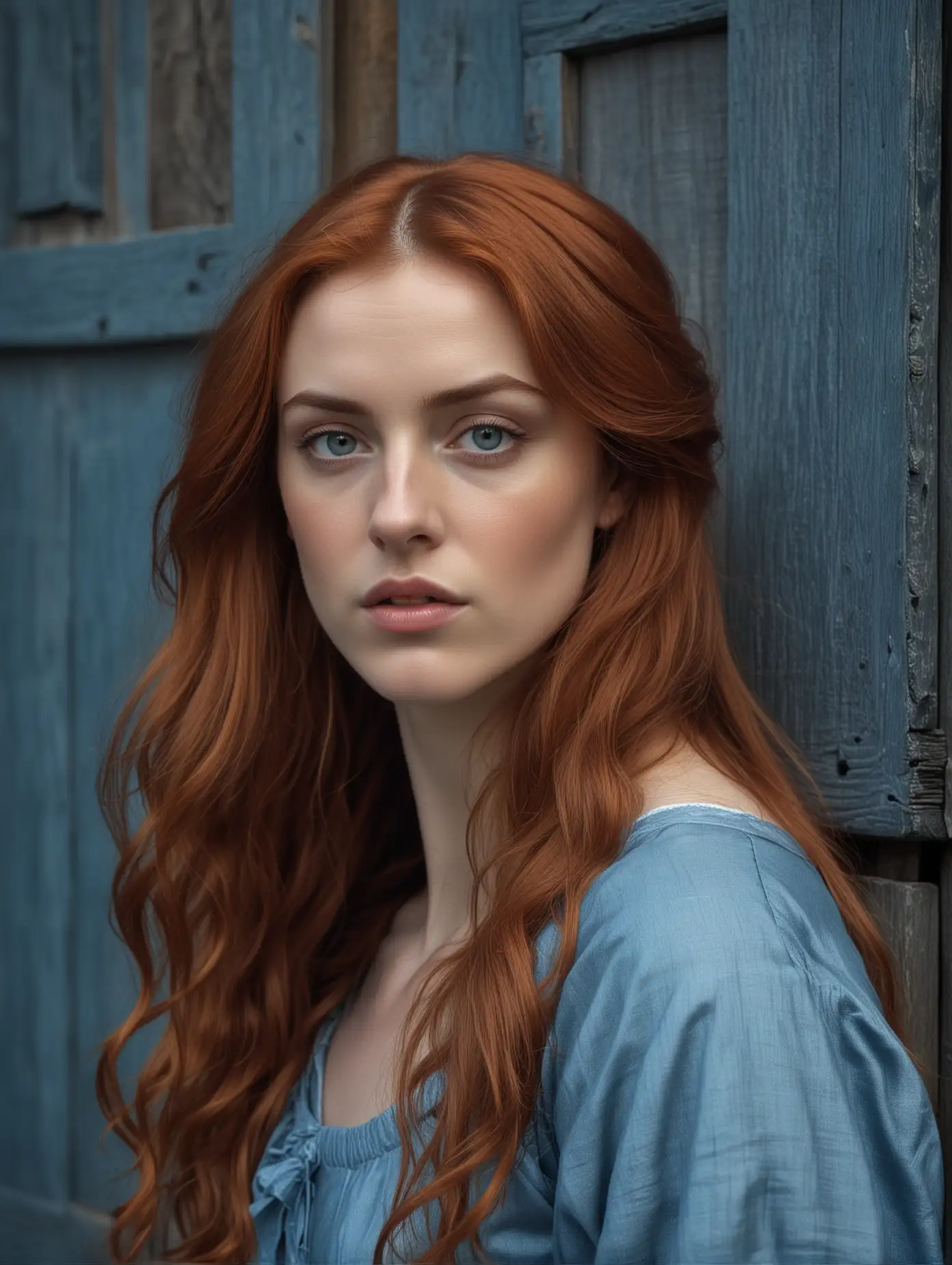 closeup nineteenth century Pre-raphaelite photo by Dante Gabriel Rossetti, masterpiece, exquisite chiaroscuro lighting and composition, 8k, very detailed, high resolution, woman with long red hair, simple light blue attire, outside an old large blue wooden barn door, illustration, artstation, concept art, smooth, sharp focus, award winning work