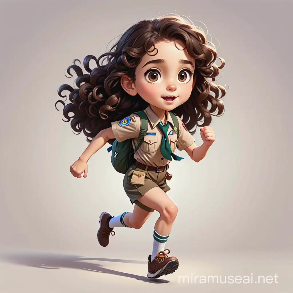 a running female kid have 11 years old , have a  long curly brown  hair , big dark brown eyes, round face
 , light skin , scout uniform, show the full body of her. cartoon type .