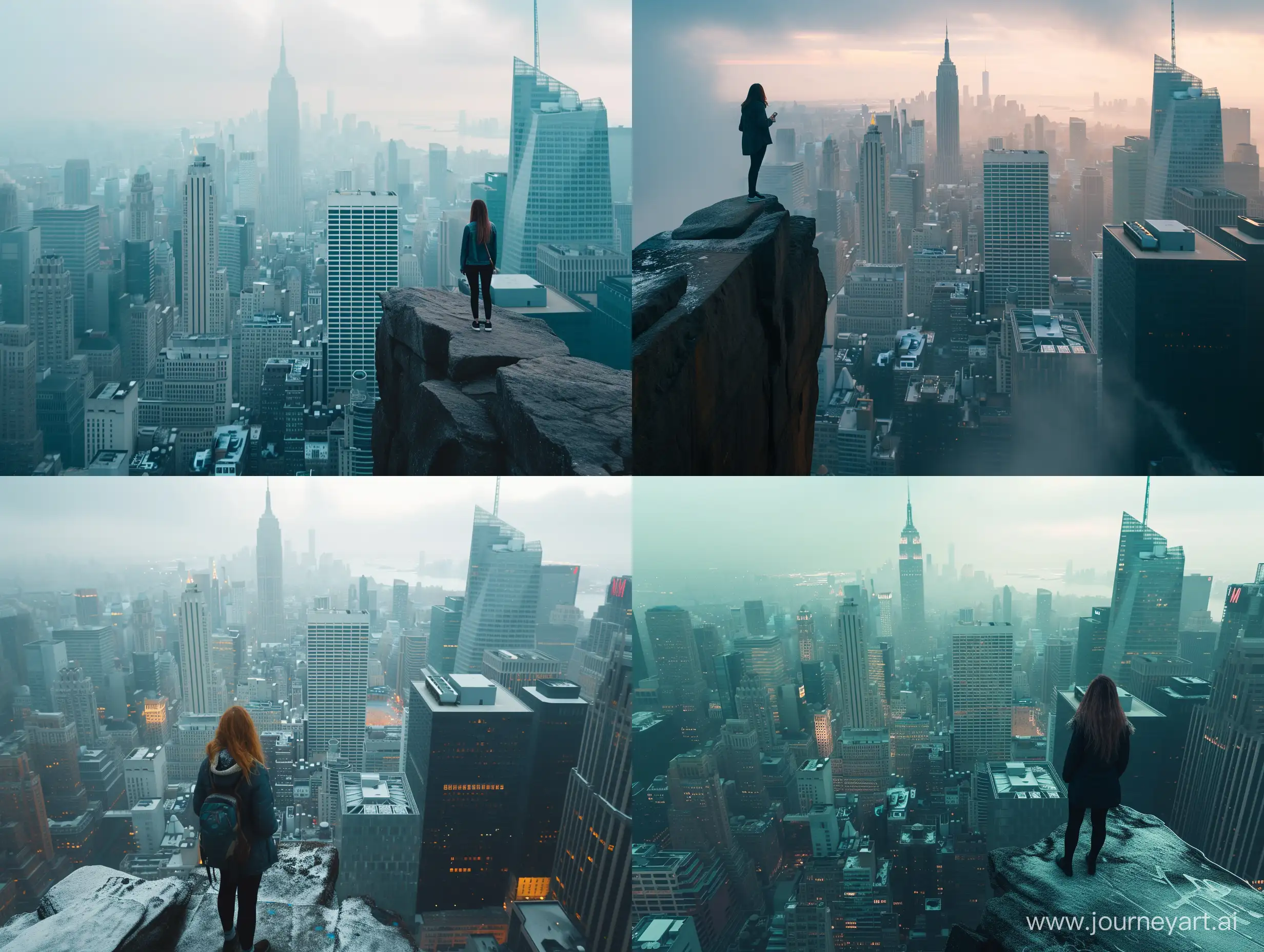 a bustling new new york city, the photo is bathed in natural lighting, relaxing setting. Shot in 4k with a high end DSLR camera. such as a Canon EOS R5 with a 50mm f/1. 2 lens, architecture, drone view, skyline, a woman is standing on the edge of a cliff while looking at new york city, vivid, foggy, dystopian, science fiction
