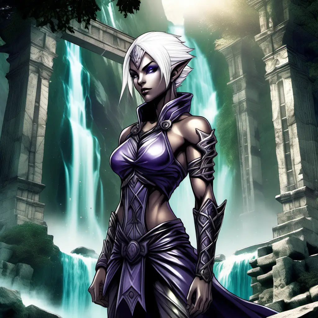 Detailed, manga styled, muscular female dark elf with short white hair in a vibrant fantasy world setting where ancient ruins were reclaimed by nature and waterfalls 