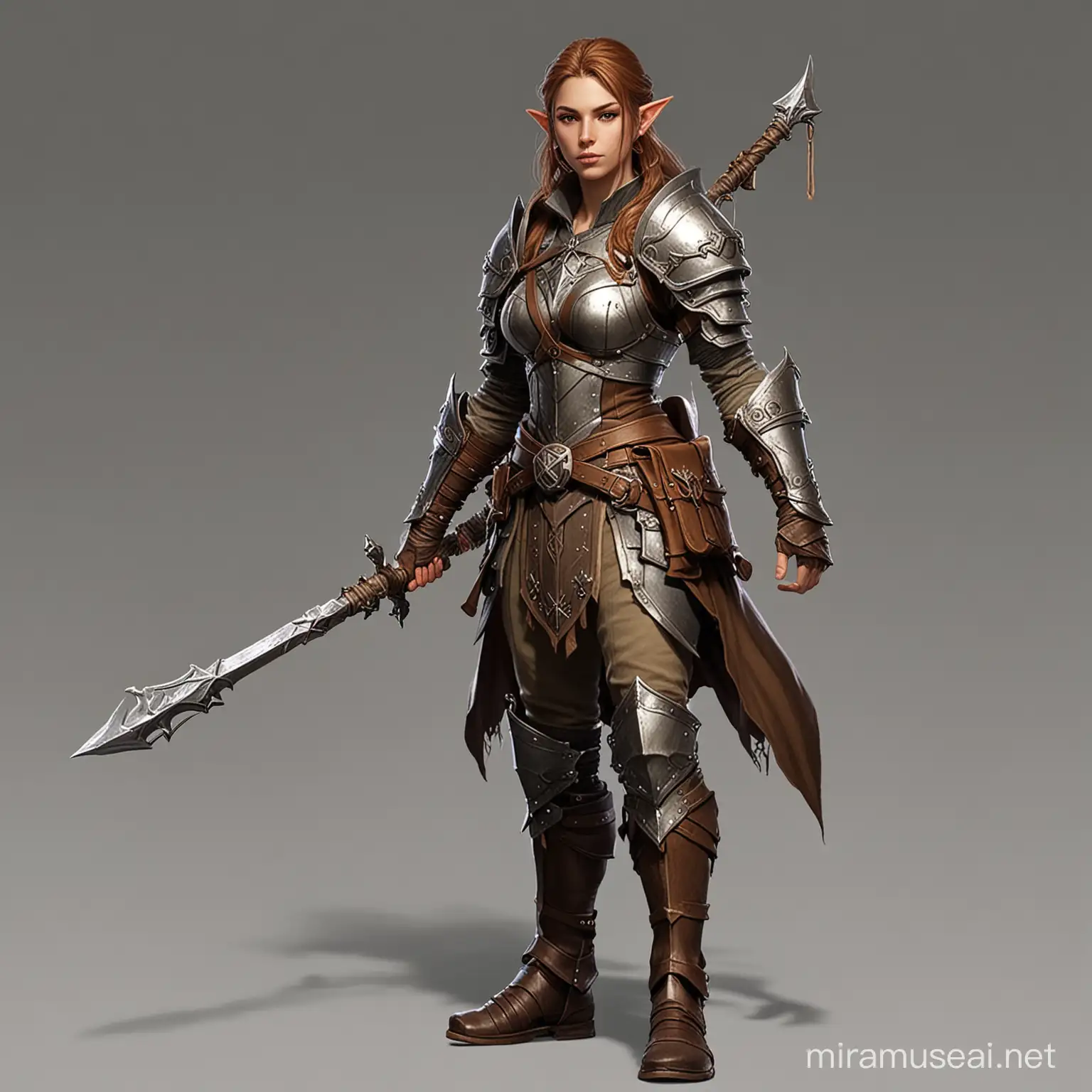 DND 5e Half elf with brown hair in an ready stance with a long staff and heavy armor