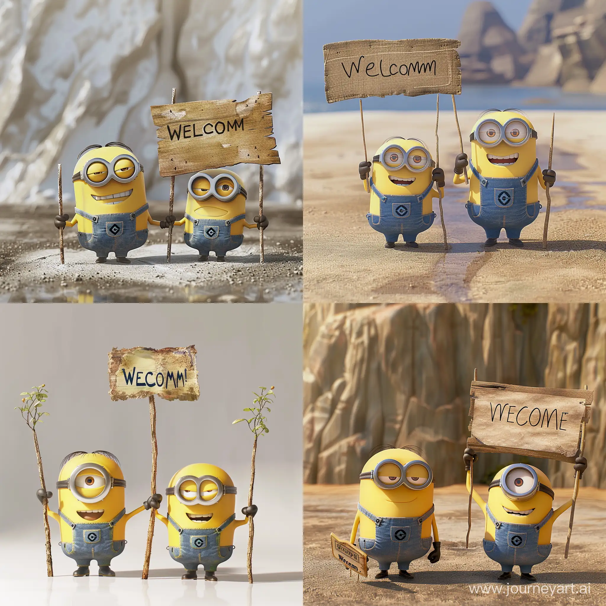 Two-Minions-Holding-Welcome-Sign-in-2D-Style