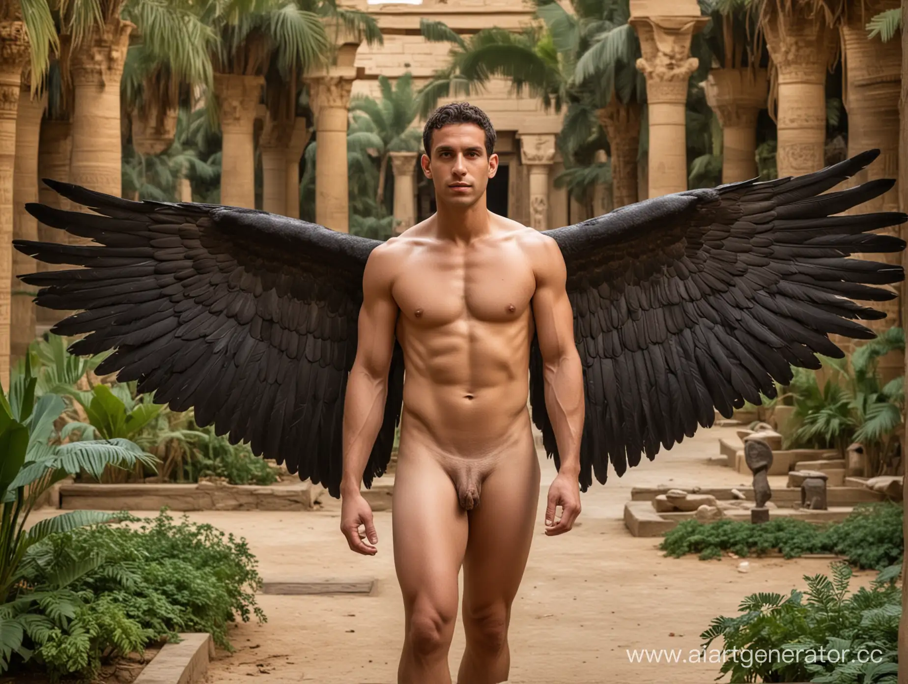 обнаженный парень с большими черными крыльями  в античном египетском  саду