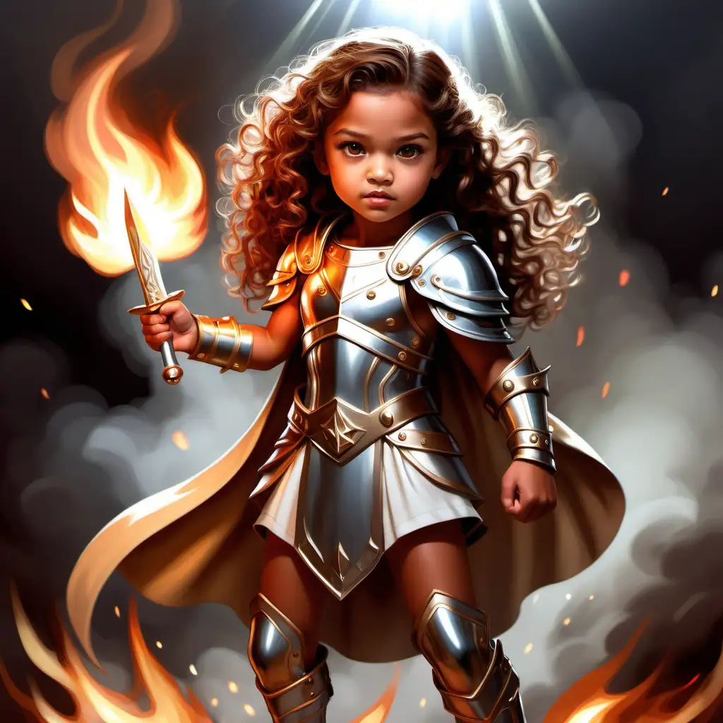 Flat art, children's book, cute, 5 year old girl, tan skin, light hazel eyes, long tight curl brown hair, fierce expression, angelic face , beautiful, warrior metallic clothing, child body type, flat breast plate, fire, charming light-hearted style