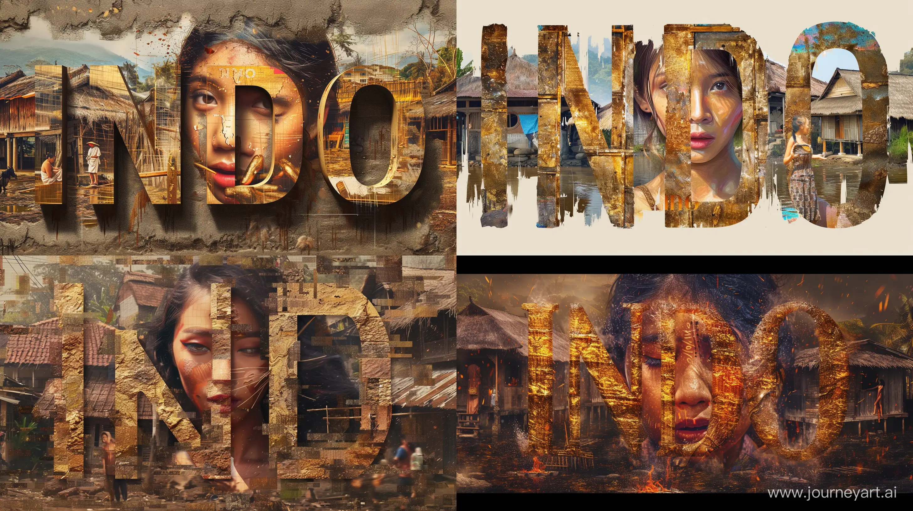 Big Letter "INDO" is made from collage picture of indonesian beauty woman face in any emotions, Indonesian Village background, digital art, hyperrealistic, fantasy, artstation, higly detailed, sharp focus, Scifi, dystopian, iridescent gold, studio lighting, --ar 16:9