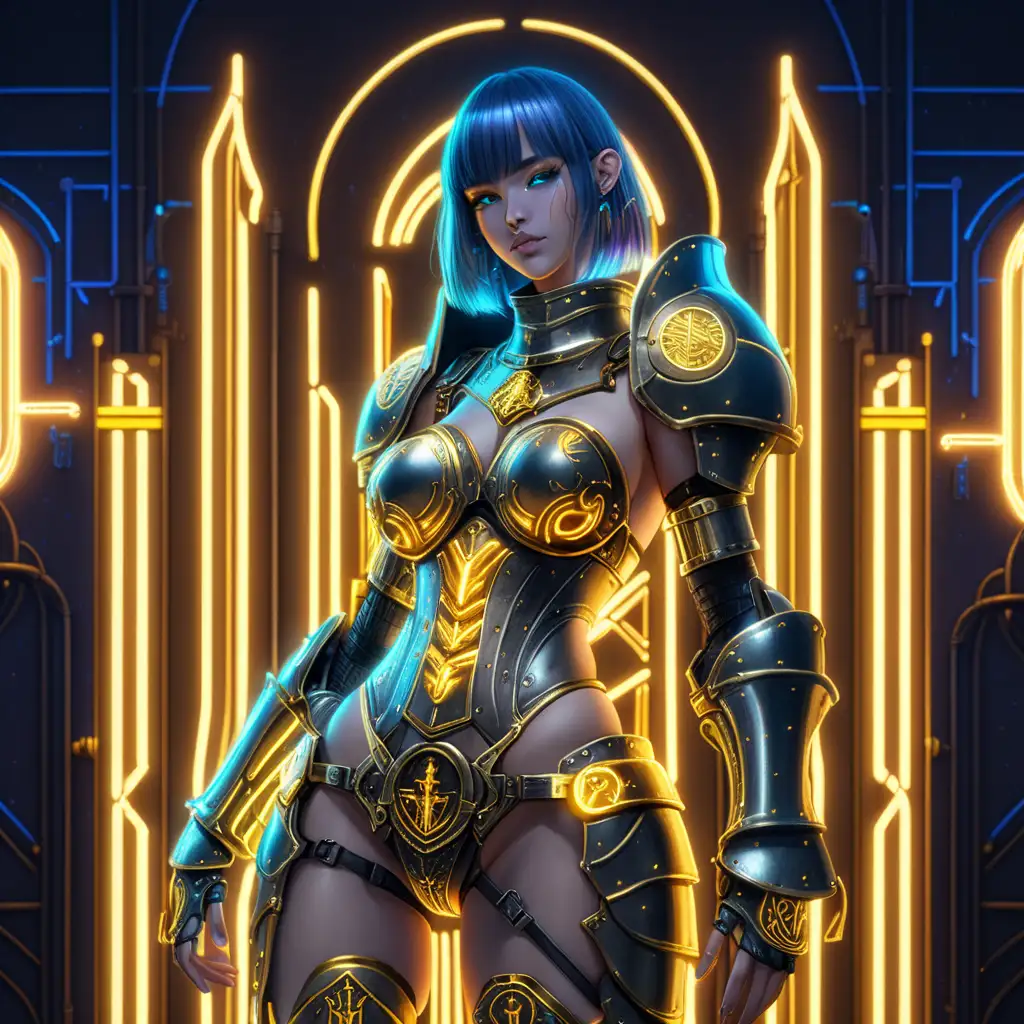 Libra zodiac themed cyberpunk sexy anime female medieval knight with gold neon lights full body