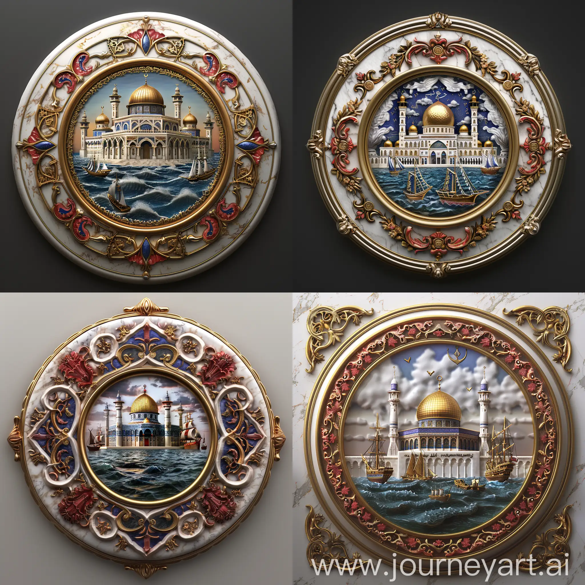 a Round white marbled porclain medallion, depicting al aqsa mosque beyond sea with ships, Symmetric front perspective, solid red blue islamic floral design and golden arabesque embossed on white marbled border, shiny gold framed, 3d --sref https://cdn.discordapp.com/attachments/1213041174428782623/1221545440881672252/image_9jnnmm.png?ex=662ea758&is=661c3258&hm=64547b1a711bc0e60d7bed72683f5b3f279c27c147cb59ae86a08f55b02a7243& --sw 1000