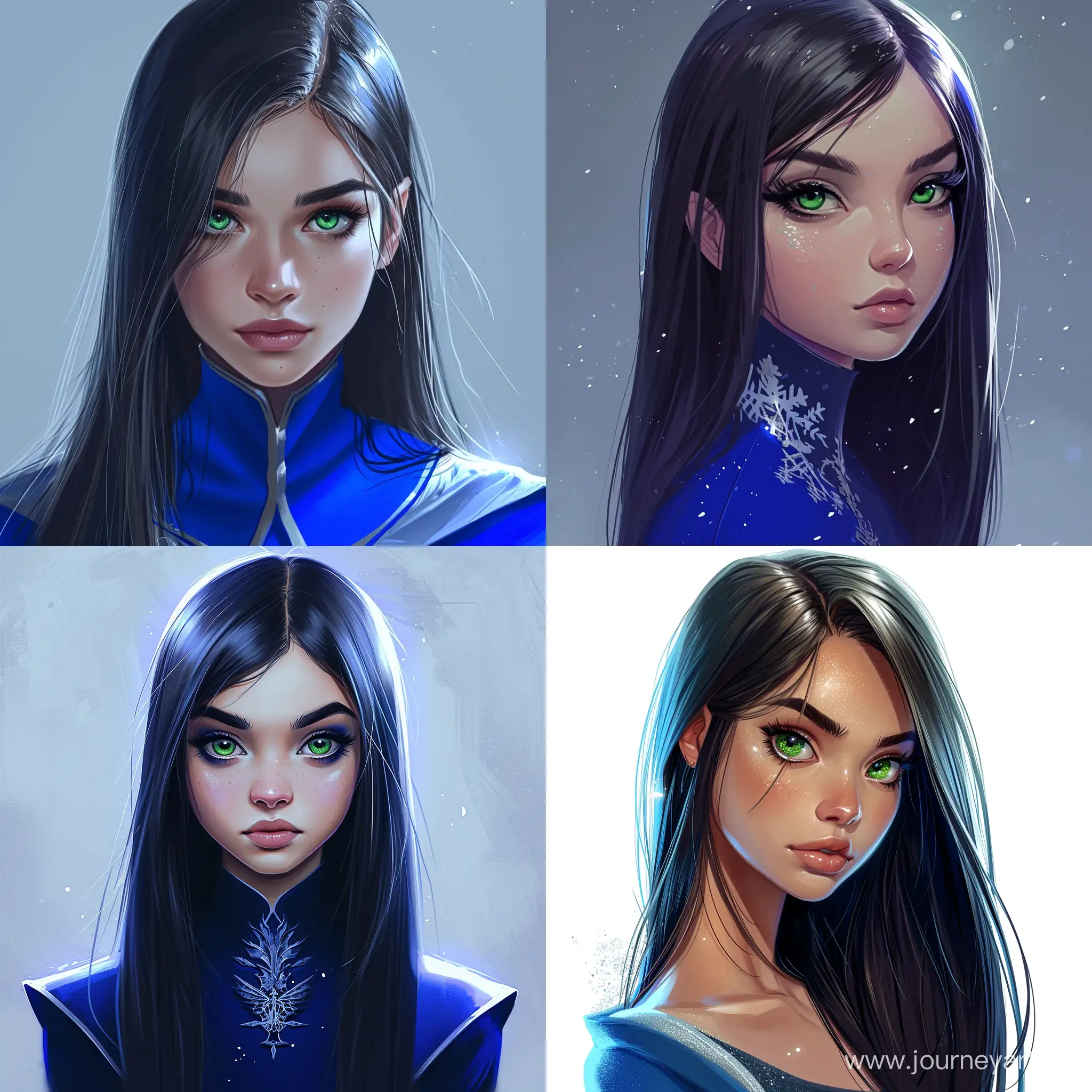 Beautiful girl, straight dark hair, expressive green eyes, snow-white skin, teenager, sorceress, Hogwarts student, Ravenclaw shape, blue and silver, high quality, high detail, cartoon art