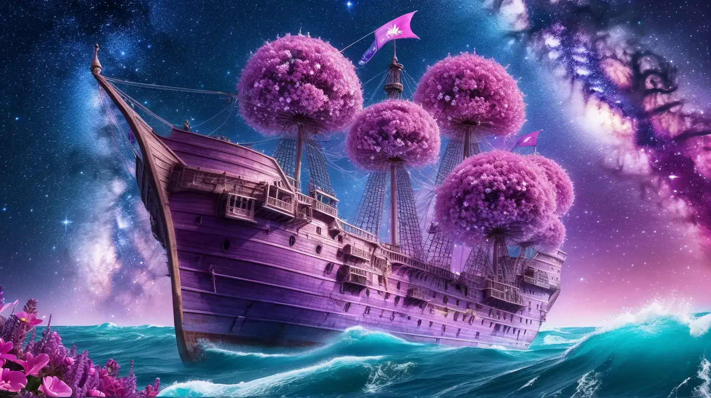 Magical Fairytale blue and purple and magenta-pink flowers-covering an old-giant ship in an ocean with galaxy skies