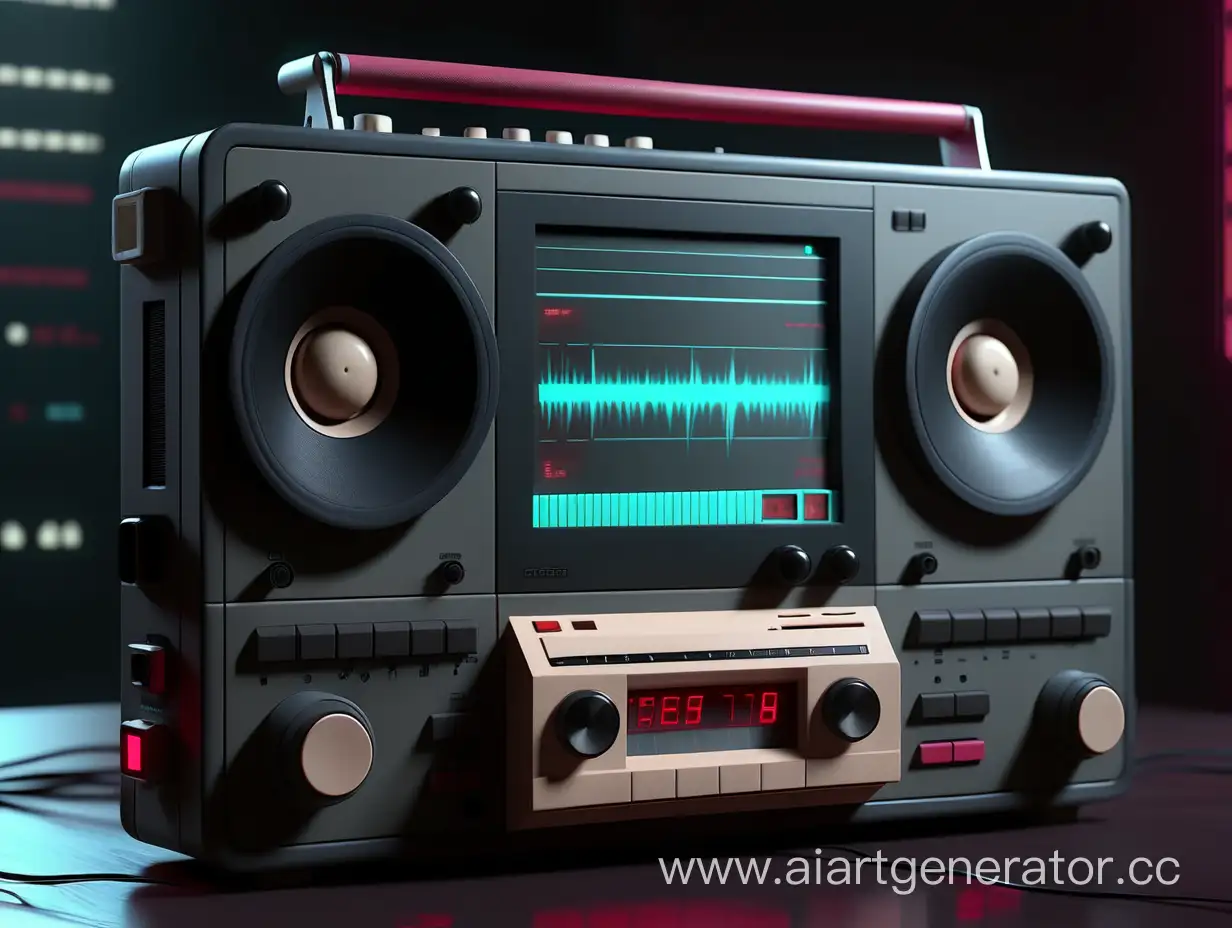 the electric tape recorder is new with a screen, modern cyberpunk, dark, looking toward, minimalizm