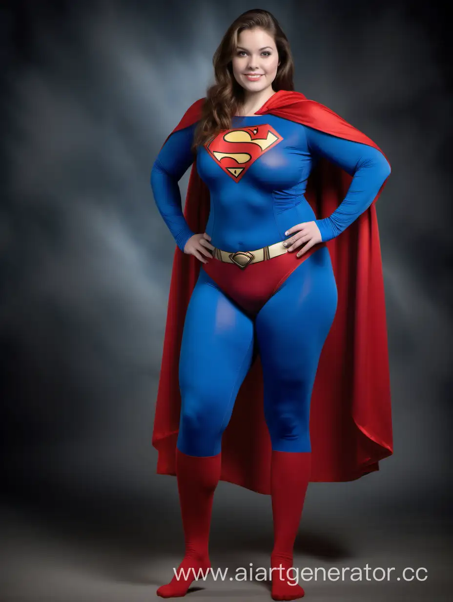 A beautiful woman with brown hair, age 30, she weighs 220 pounds, she is wearing the classic Superman costume, with blue spandex leggings, long blue sleeves, red panties, a flowing cape