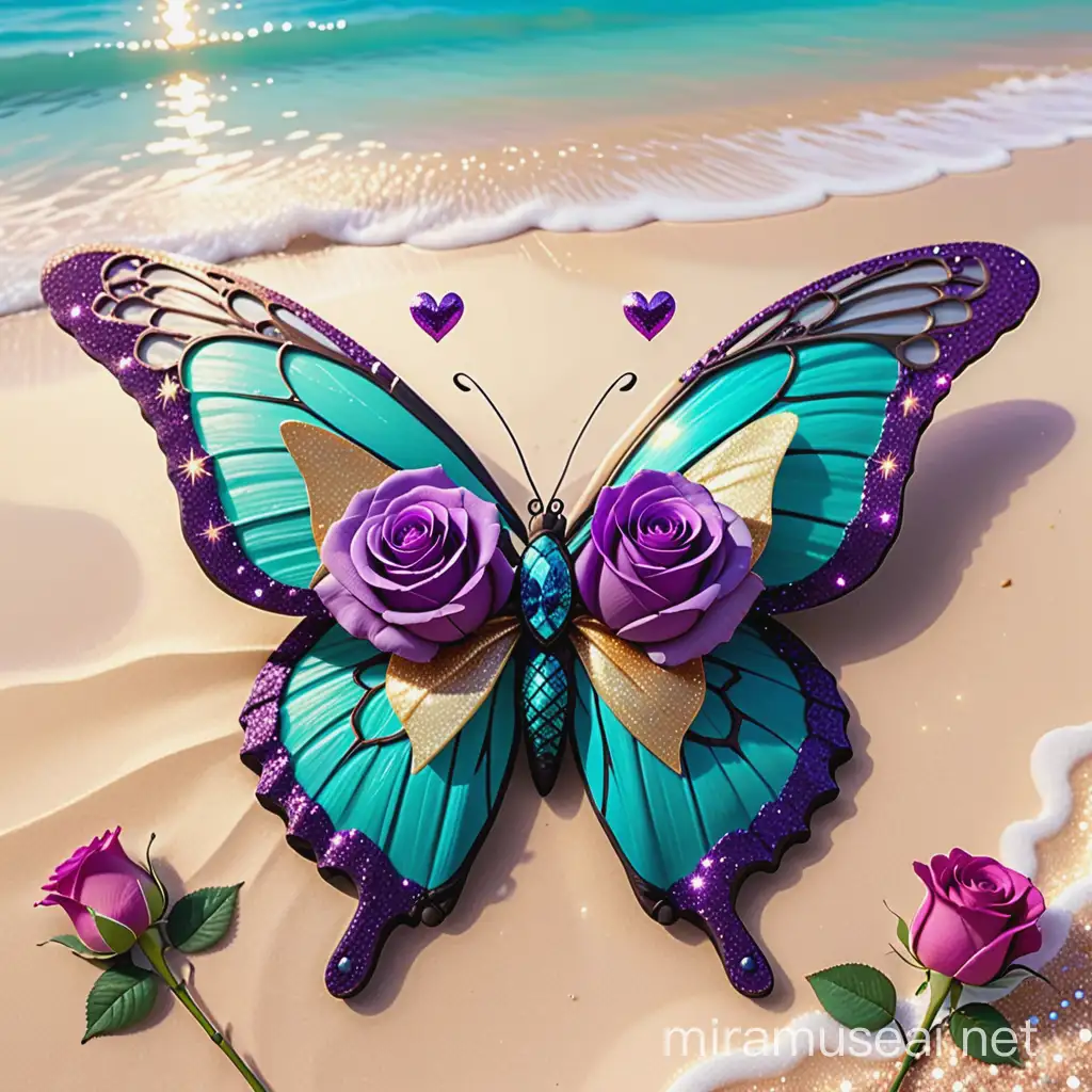 Intricate Butterfly Wings amidst Purple and Teal Roses on a Sunny Beach