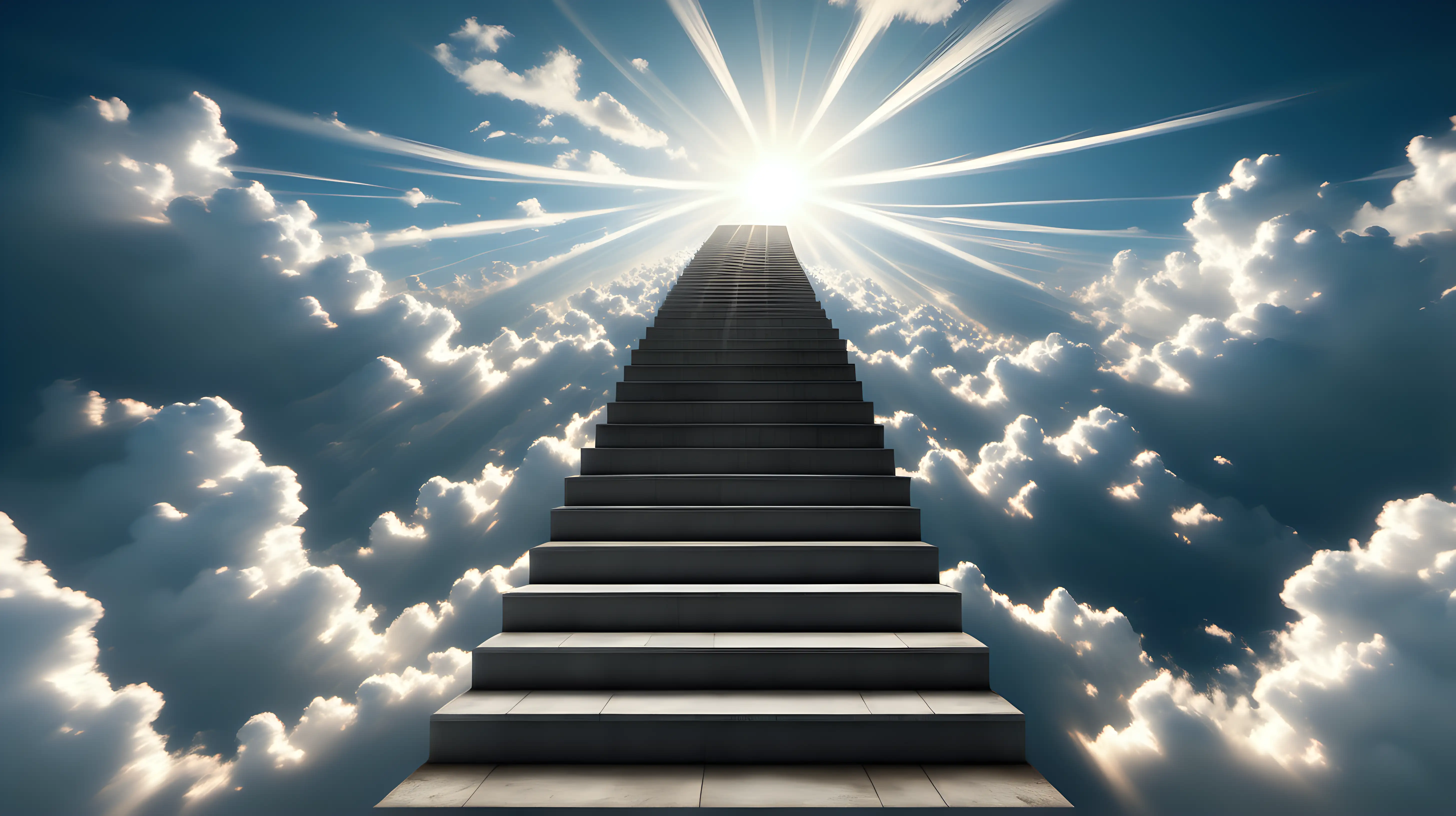 /imagine prompt: A 4k ultra-high-definition image of an optical illusion featuring a surreal structure of endless stairs ascending into an azure sky scattered with white cumulus clouds, the sun's warm rays filtering through, creating a play of light and shadow. Created Using: photorealistic art, architectural wonder, optical illusion, infinite staircase, azure sky, cumulus clouds, sunlight filtering, realistic light and shadow, 4k quality --ar 16:9 --v 6.0