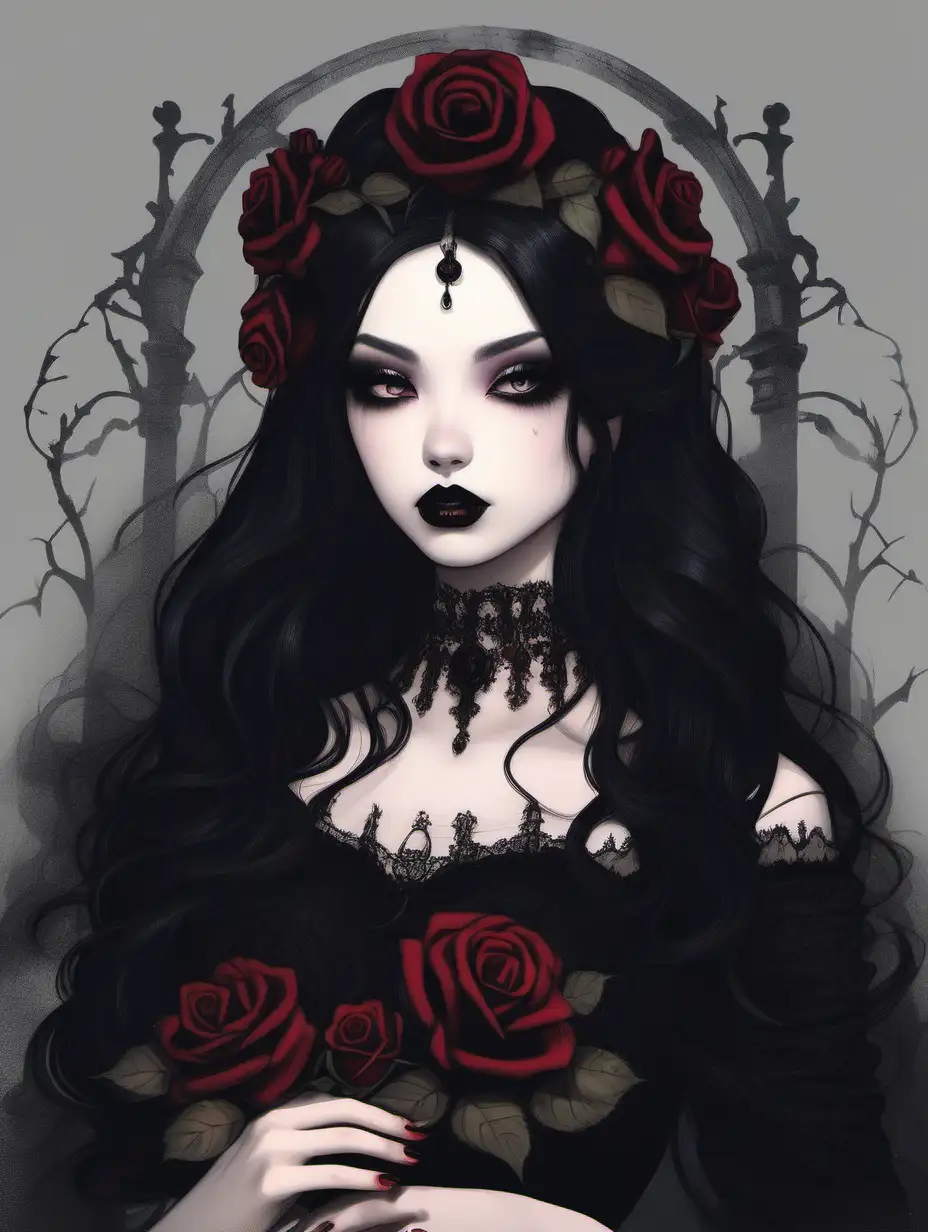 gothic bride, black hair, white skin, black dress, rose in hair