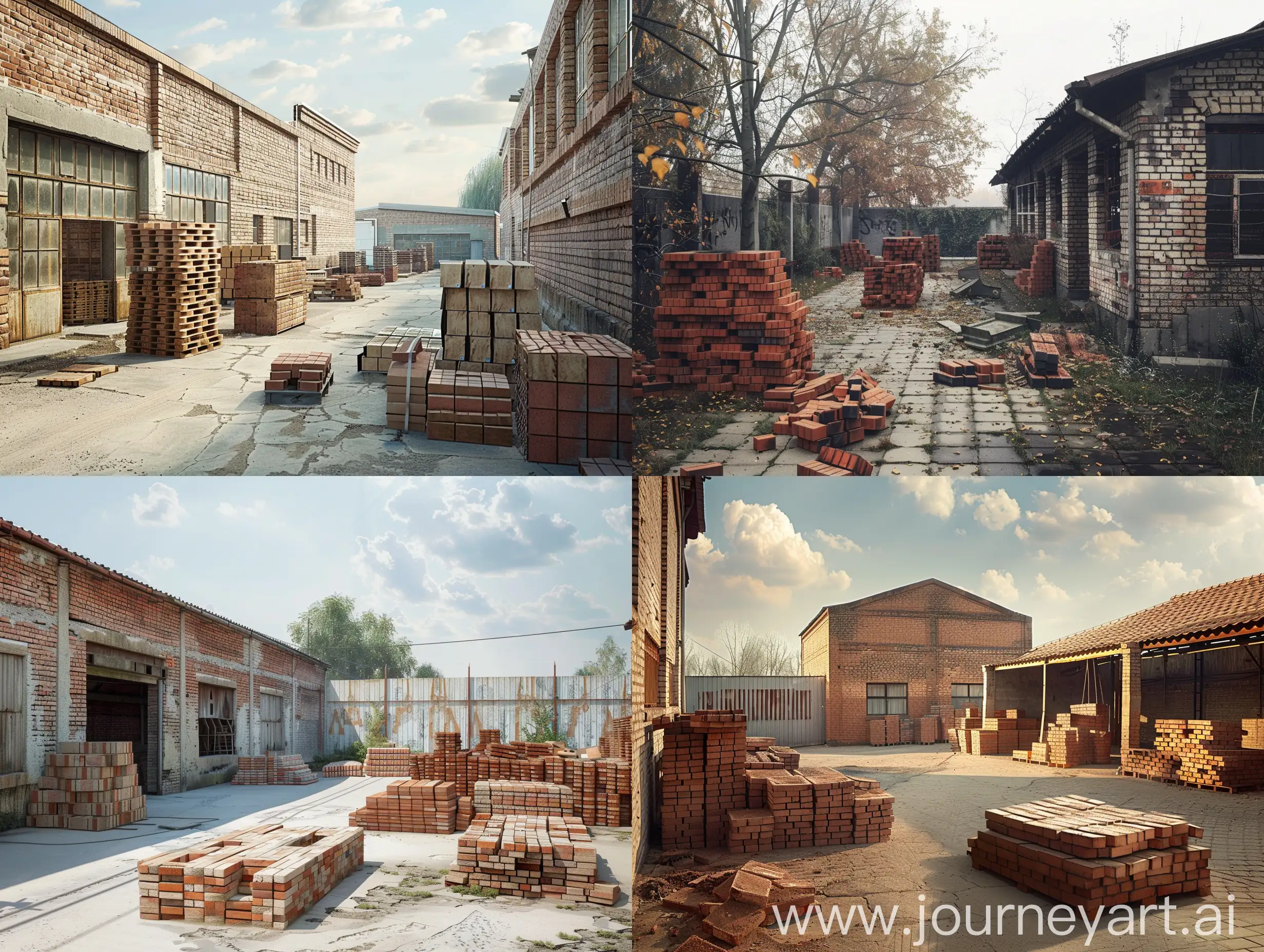 hyper realistic photo shoot of a brick factory from outside, also there are some stacks of bricks placed in the yard if the factory, nice and pro