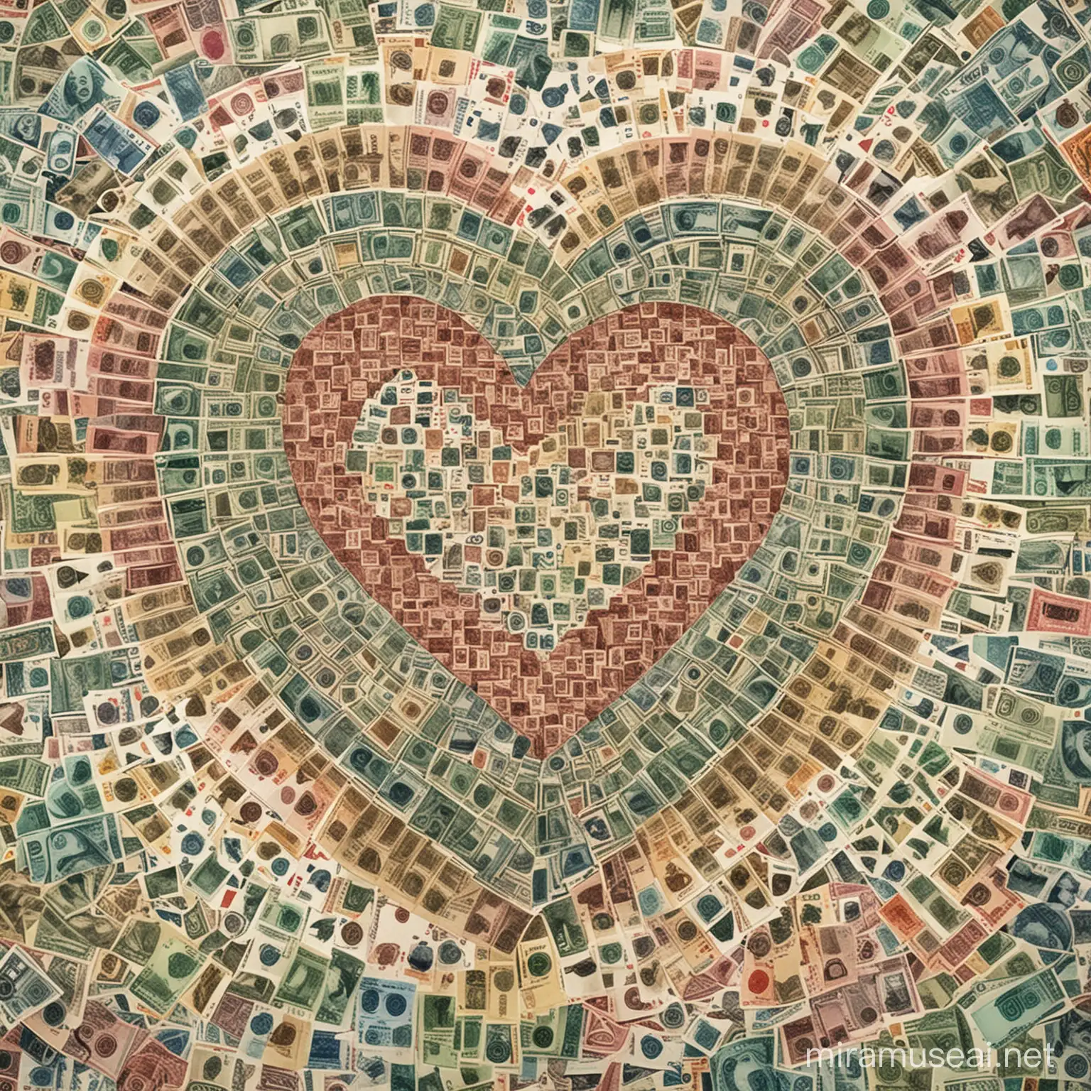 Imagine a striking composition where currency bills of various denominations and possibly from different countries are artistically arranged to form the shape of a heart. Each bill, with its distinct colors and shapes, is meticulously positioned to create the illusion of a heart when combined, showcasing a harmonious blend of monetary symbols that transcend borders and cultures. The bills, with their vibrant hues and intricate designs, come together seamlessly to depict the outline of a heart, symbolizing unity, love, and perhaps the universal value of currency in our interconnected world. The colors of the bills, ranging from rich blues and greens to warm yellows and reds, create a visually captivating display against a neutral background, allowing the unique characteristics of each bill to shine through. While the specific denominations and countries represented by the bills remain unspecified, the focus is on the artful arrangement that transforms individual currencies into a collective symbol of affection and solidarity. This creative composition serves as a reminder of the universal language of currency and the potential for financial systems to foster connections and understanding across diverse nations and societies. The overall image is designed to evoke a sense of beauty, unity, and the intrinsic value of currency as a reflection of shared human experiences and aspirations. It celebrates the artistry and symbolism inherent in our monetary systems, transcending geographical boundaries to highlight the common threads that unite us all, 32k render, hyperrealistic, detailled.