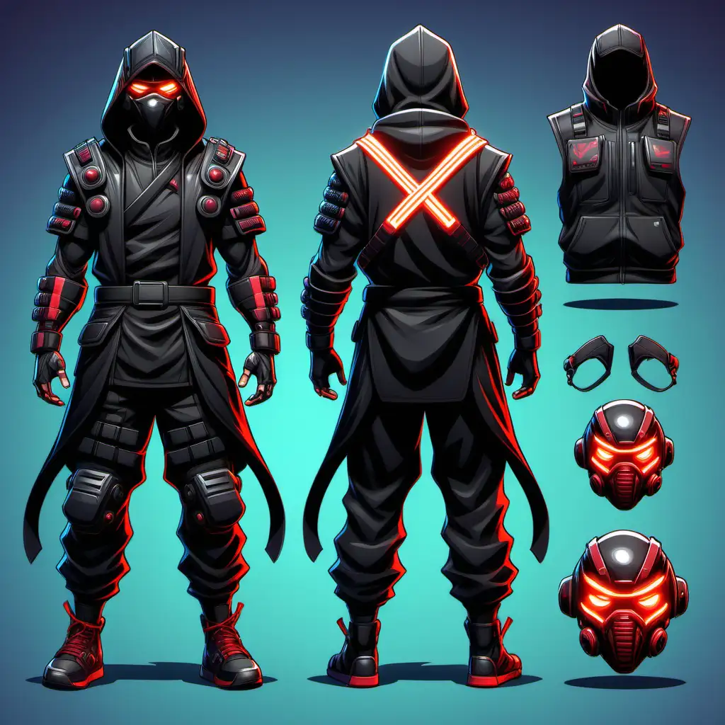 character design sheet, full body of a Samurai with a cyberpunk helmet with a glowing red x on the visor,a cyberpunk fashion themed chestrig , a scorpion mask from mortal kombat, an all black hoodie with multiple unique colored akatsuki cloud shapes, with a black puffy vest with glowing cyberpunk lights and ammo pouches,  samurai shogun armored pant's with a cyberpunk theme, Futuristic nike style shoes! Fortnite Style Skin in the style of cartoon illustration and sketch, character concept, --chaos 0