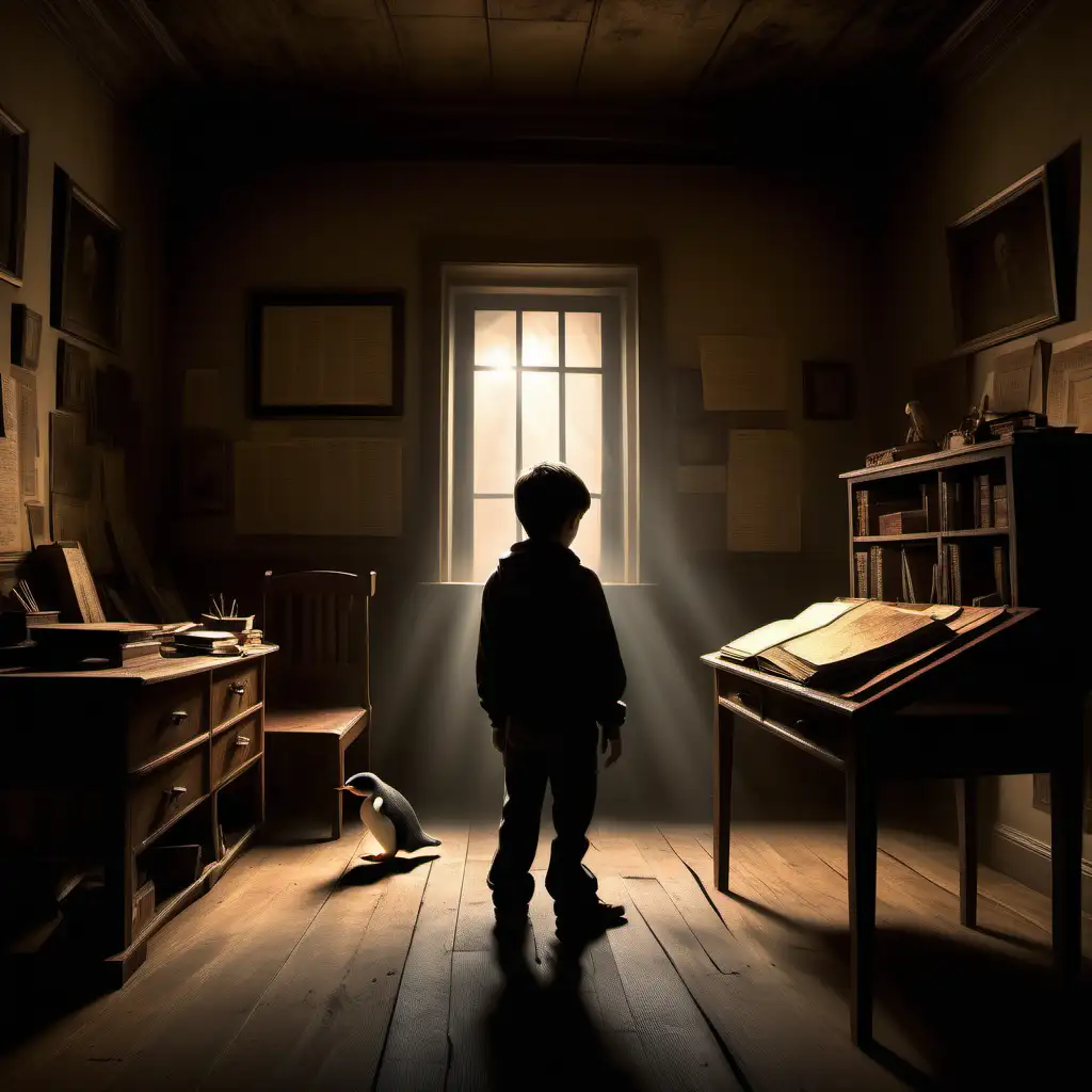/imagine prompt: In the dimly lit office, shadows dance across the worn wooden floor, revealing a maze of forgotten treasures. The air is heavy with the scent of aged paper and dusty artifacts, creating an atmosphere of mystery and intrigue. At the center of the room, a determined little boy stands before an imposing desk, his eyes filled with curiosity and determination. The official guy behind the desk, shrouded in shadows, exudes an air of authority and secrecy. As the boy speaks, his words hang in the air, mingling with the faint sound of creaking floorboards. By his side, the small penguin stands, its eyes fixed on the conversation, offering silent support with its unwavering presence. Together, they delve into the hidden world of forgotten treasures, seeking answers to the secrets that lie within. What mysteries will they uncover in this enigmatic realm? --v 6.0