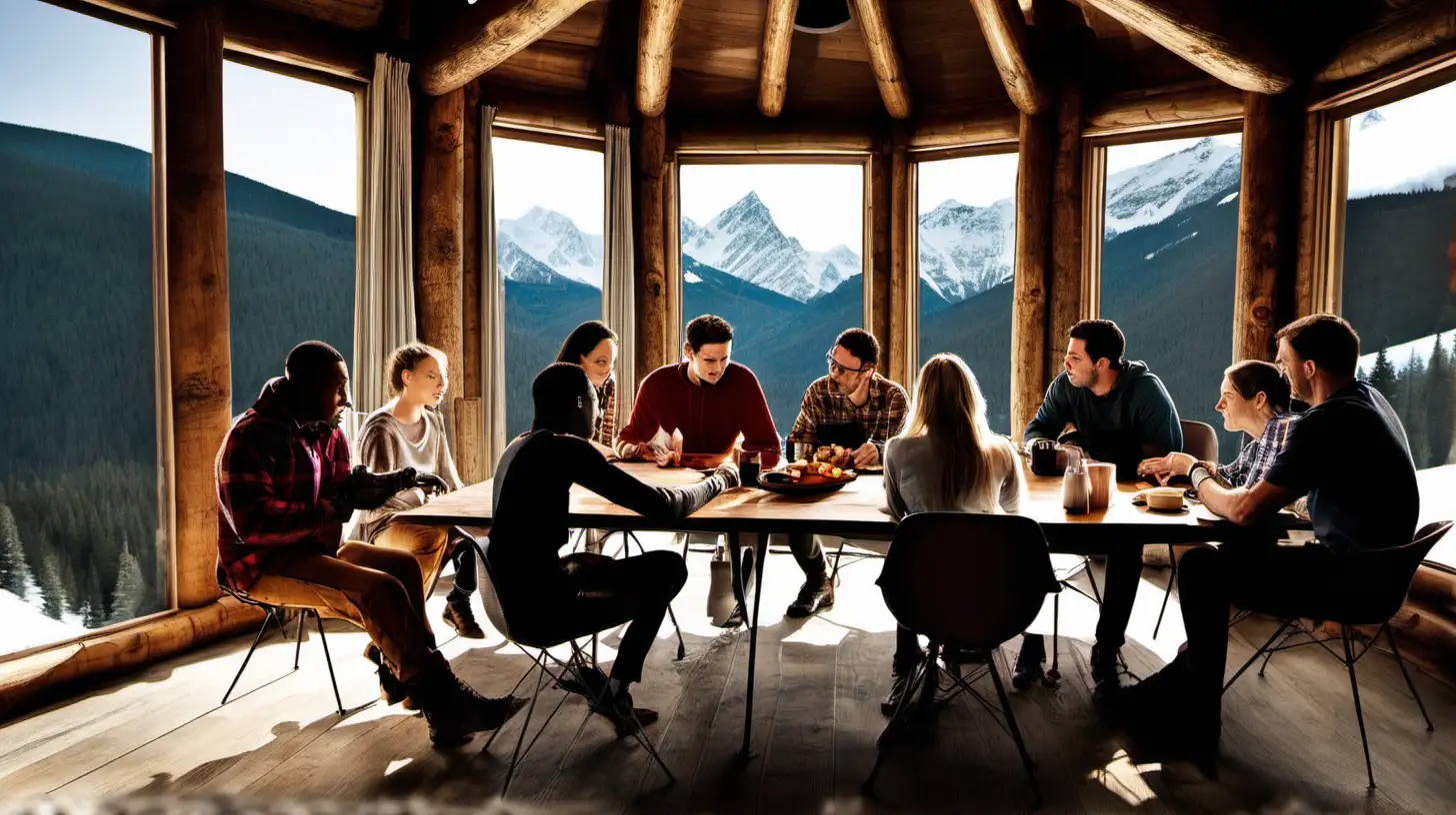 team of people collaborating around a table in a mountain cabin