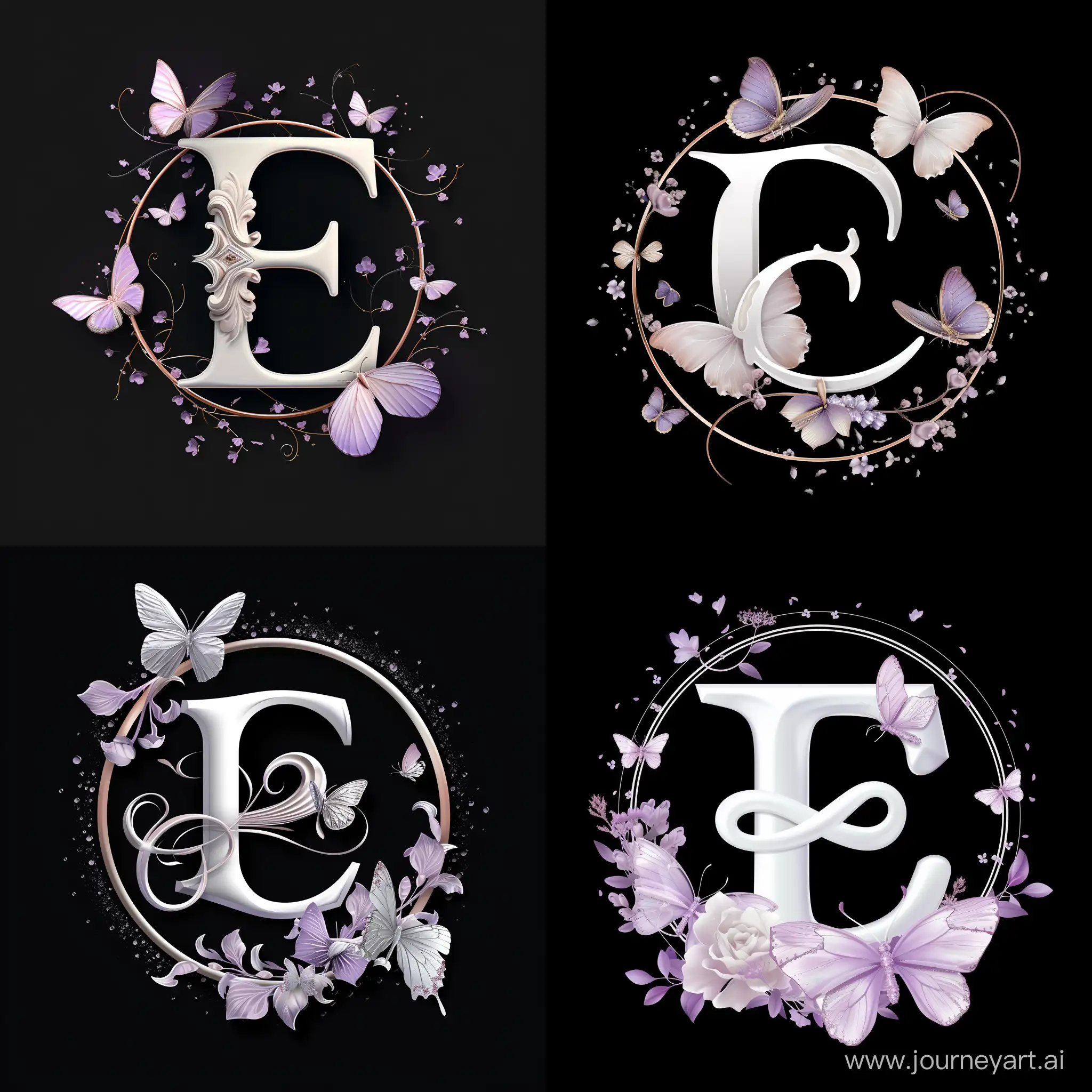Make a realistic and fancy logo for a high prestige beauty business. Have a big fancy letter E in the middle thats color white with some lilac. Include some small realistic butterflies. Have it all in a circle. Make the background black.