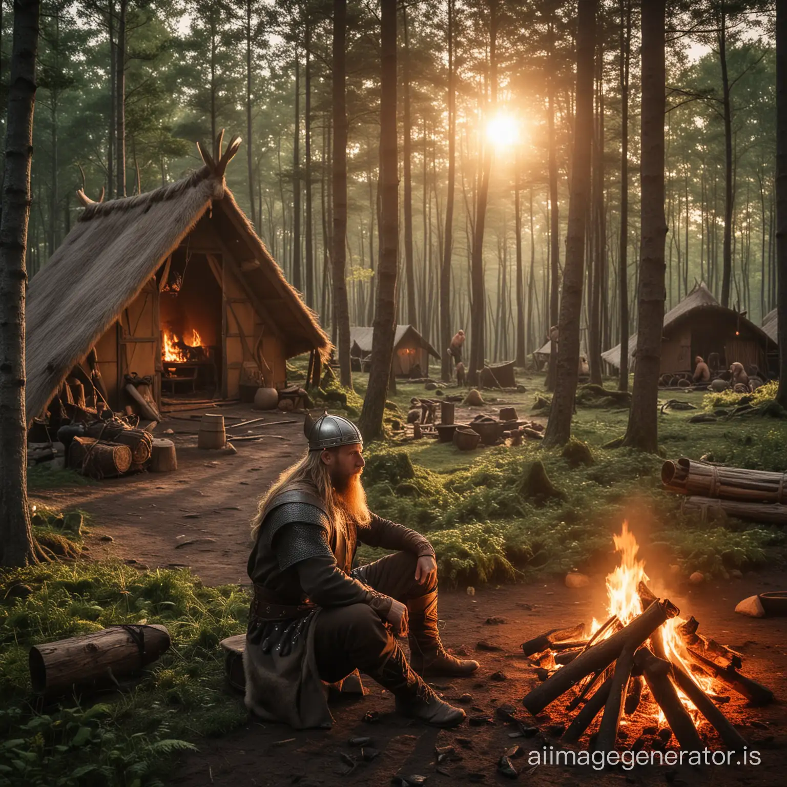 Viking in a forest with the sun going down sitting by a fire whith viking huts set up all around them