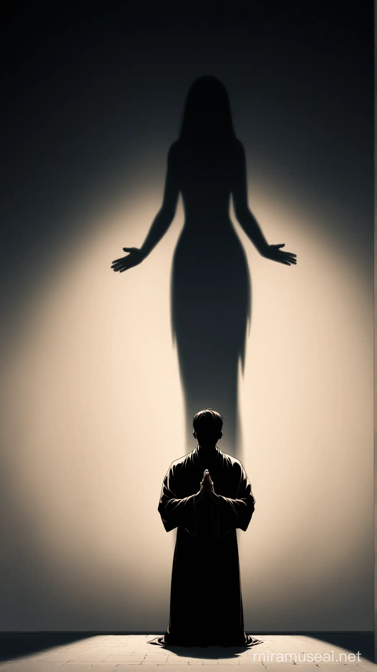 Une homme qui supplie devant, un forme d'ombre féminin