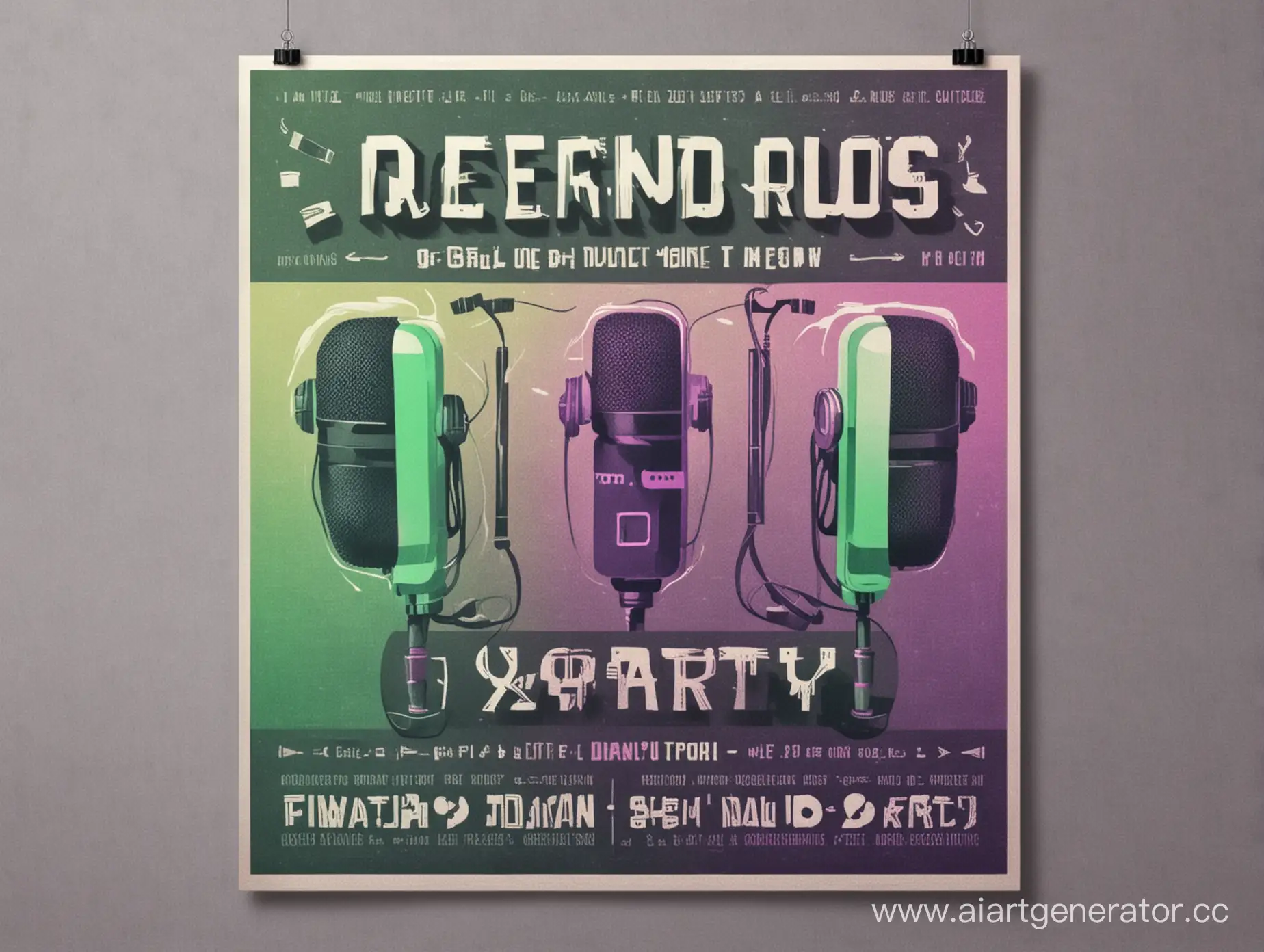 Vibrant-Green-and-Purple-Duos-Party-Poster-with-Pixelated-Font-and-Crossed-Microphones