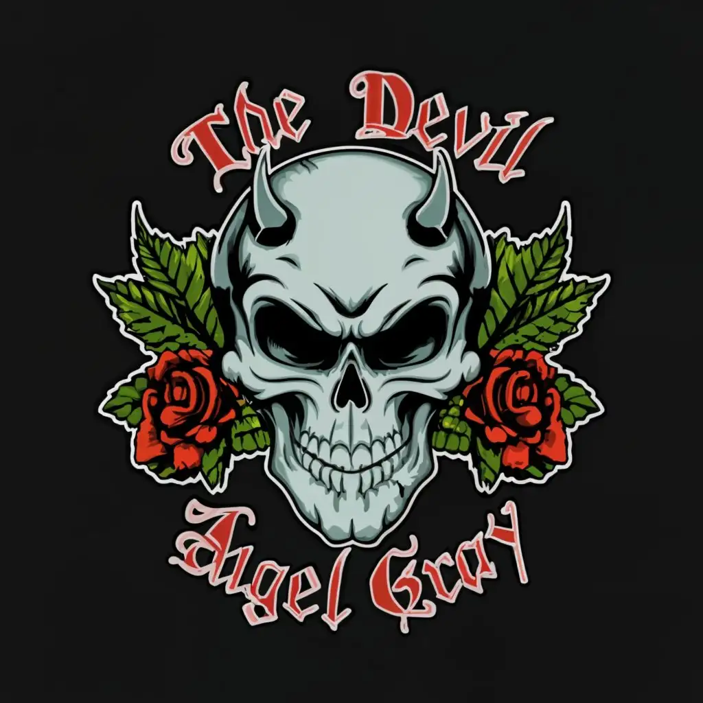 a logo design,with the text 'The Devil Angel Gray', main symbol:Skull with green roses,Moderate,be used in Entertainment industry,clear background