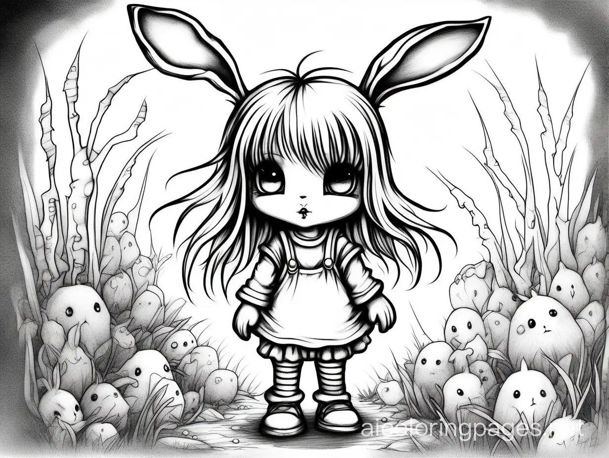 Stephen Gammell style, line drawing,  A tiny chibi bunny, fantasy,  high detail ,, Coloring Page, black and white, line art, white background, Simplicity, Ample White Space. The background of the coloring page is plain white to make it easy for young children to color within the lines. The outlines of all the subjects are easy to distinguish, making it simple for kids to color without too much difficulty