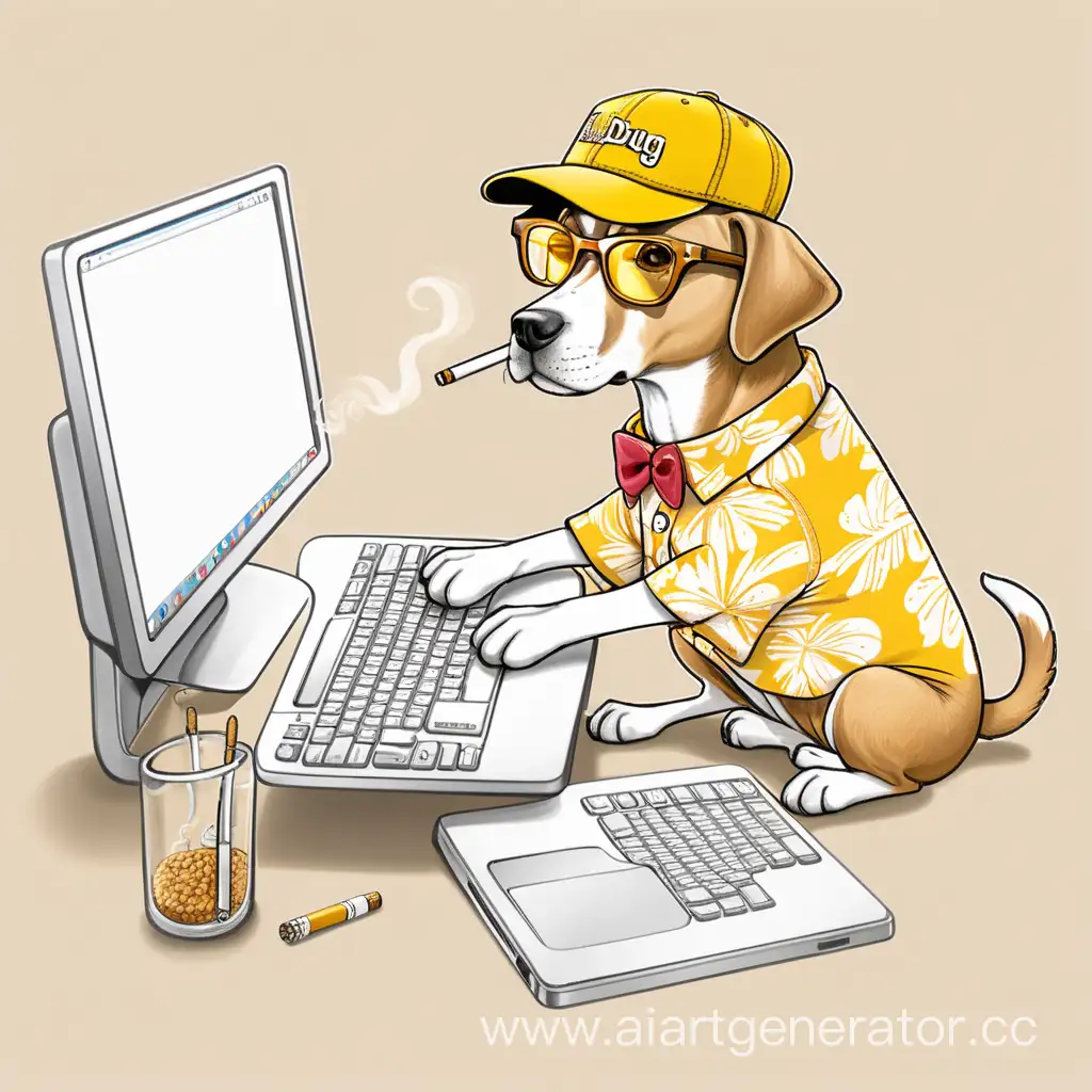 нарисуй собаку в кепке желтых очках и в панаме в сигаретой в пасти,  собака одета в светло-коричневые бриджи и рубашку с коротким рукавом в гавайском стиле, собака пытается напечатать что-то на клавиатуре компьютера, но что-то не получается