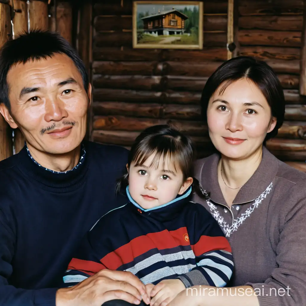 picture of a Yakutian family in the 1985. Mother, Father and Daughter inside soviet style wooden village house. 