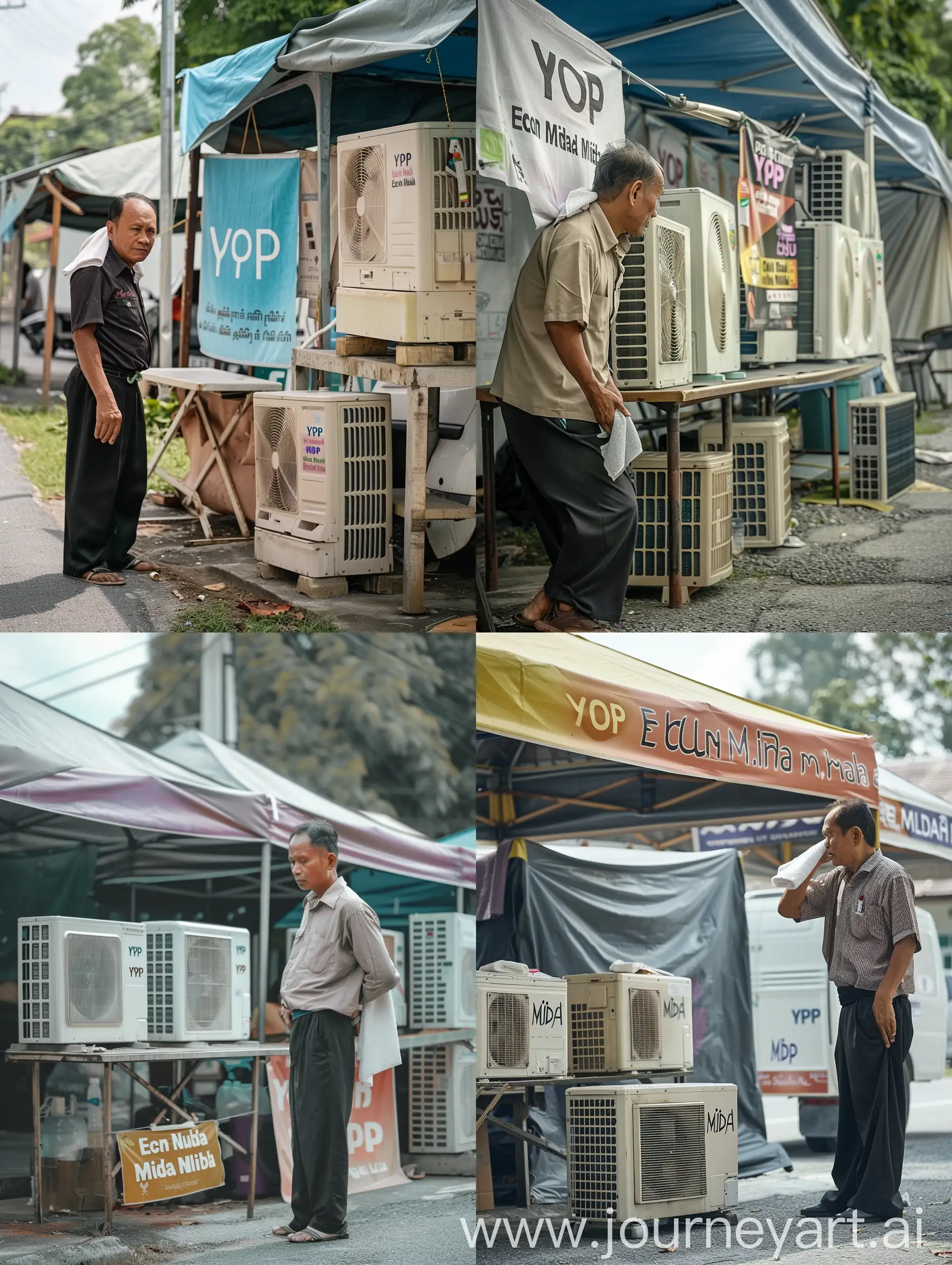 roadside scene. a Malay man wearing a shirt, black slacks. hanging a small towel on the shoulder. sitting while selling air conditioners. the air conditioner is arranged by the table, under a small tent. air conditioners branded 'YOP' and 'MIDAH'. A banner was hung in the tent with the sentence 'Econ murah'. side angle view. realistic photography. ultra realistic. super realistic. 32k full HD