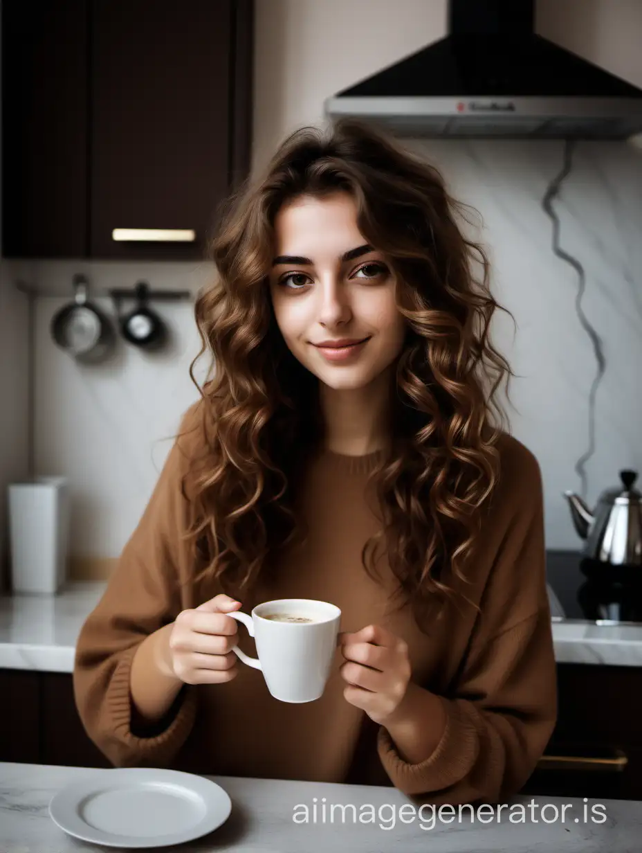 a photo of Michela, an Italian prosperous girl just came back home from college with brown wavy hair, taking preparing an Italian coffee at home