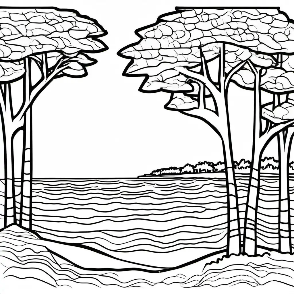 Lake Erie shore line with sandy beach and tress


, Coloring Page, black and white, line art, white background, Simplicity, Ample White Space. The background of the coloring page is plain white to make it easy for young children to color within the lines. The outlines of all the subjects are easy to distinguish, making it simple for kids to color without too much difficulty
