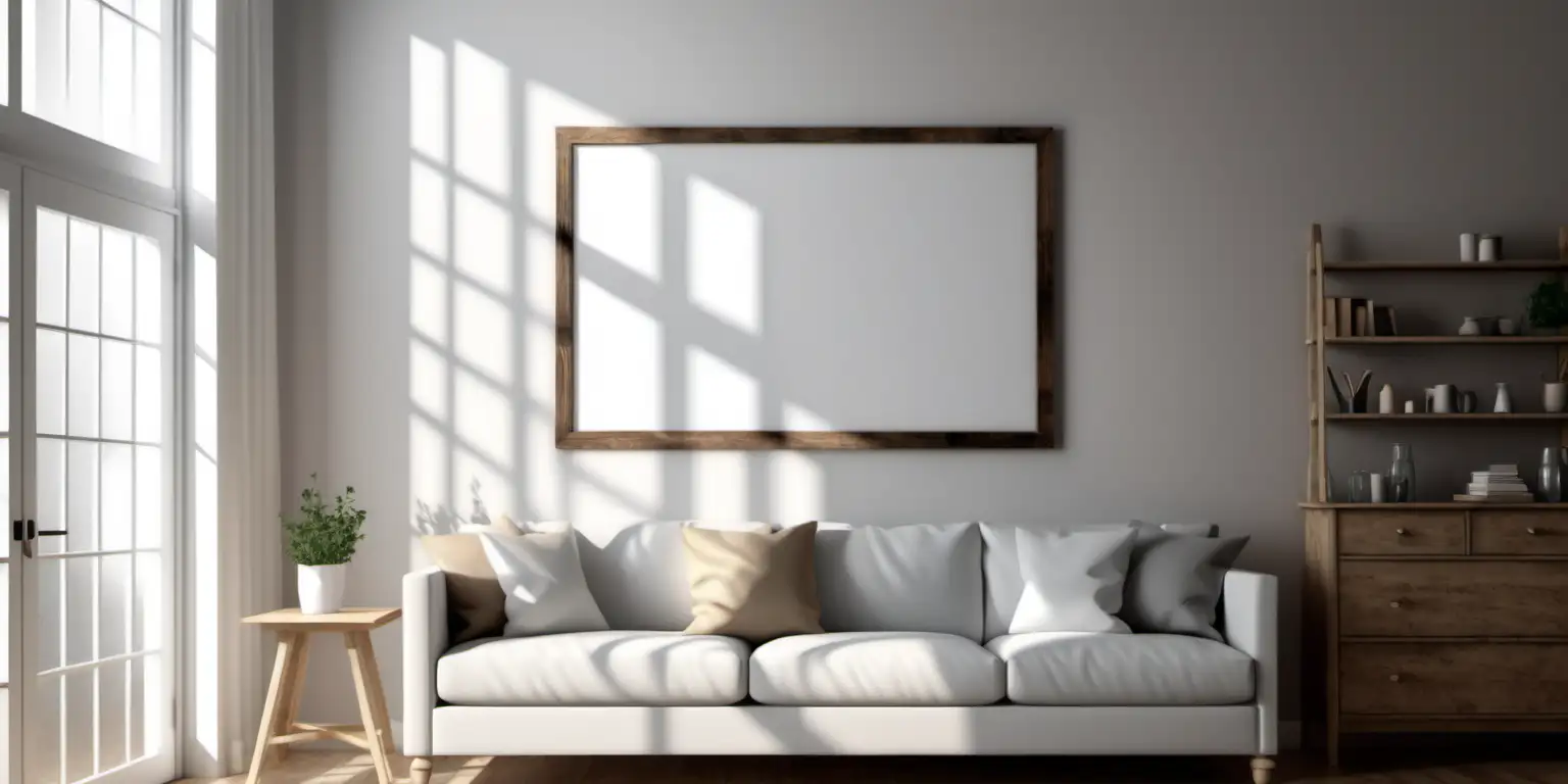 wooden poster white blank frame mockup, reflection, shadow overlay, cozy living room, farmhouse stlyle, warm room, 4K, exclude random objects,
