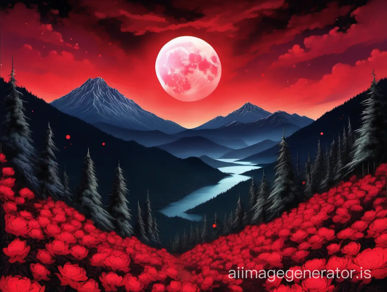 The sky ablaze with red, a bright moon hanging, a mountain covered in pine trees, hillsides full of azalea flowers