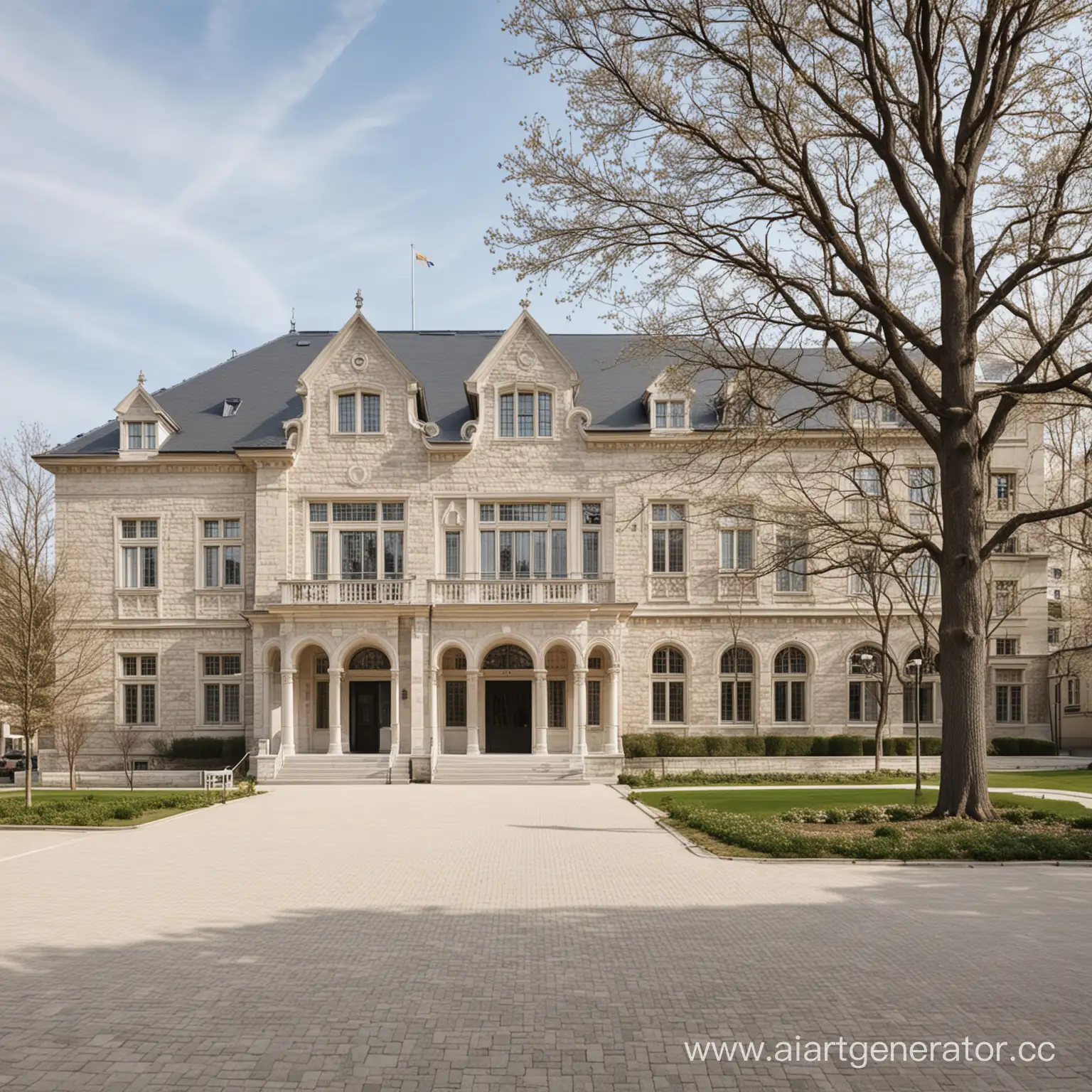 Private-School-Granite-Threestory-Building-with-Forest-Courtyard-in-Spring-Light-Tones