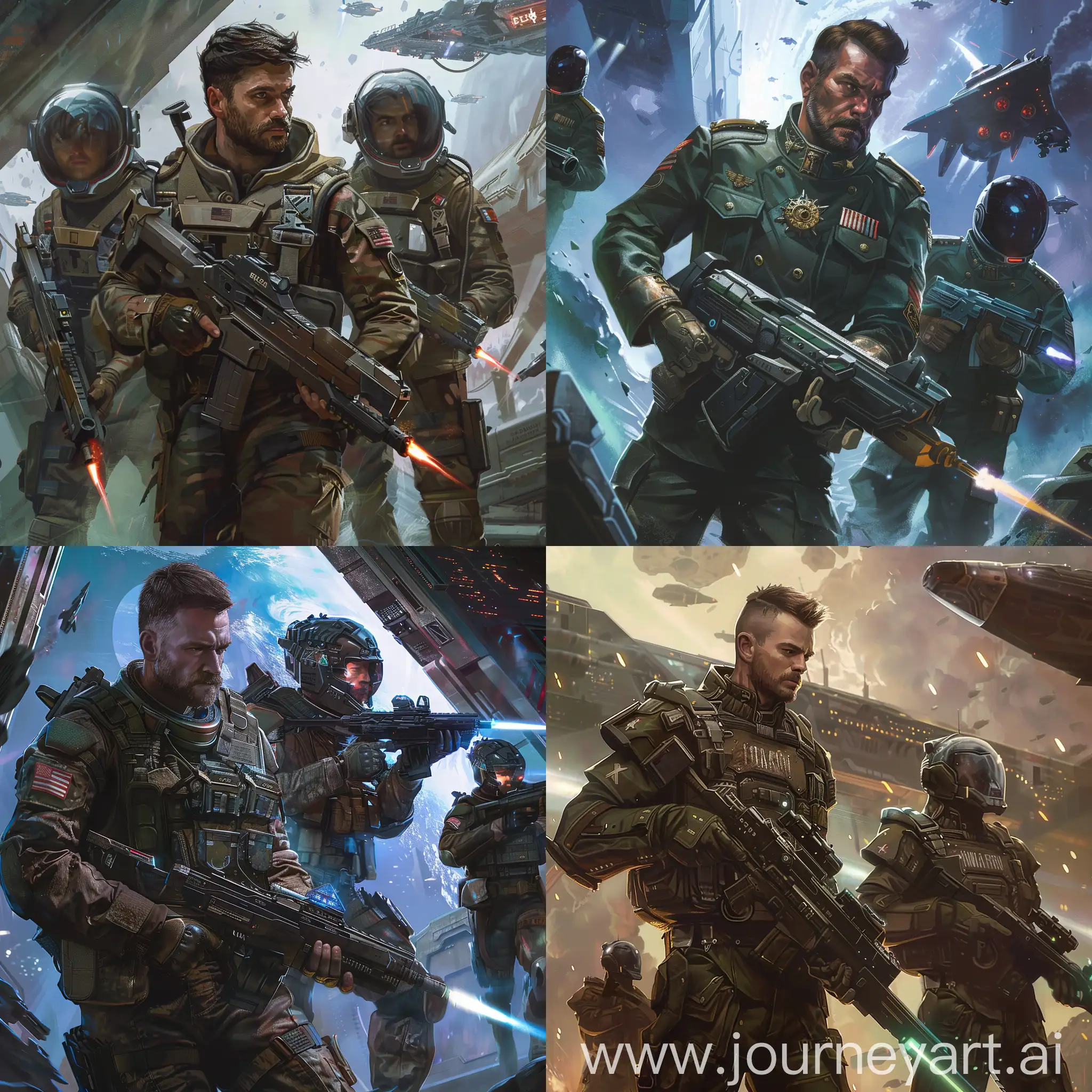 a man with a small beard in a military uniform armed with a plasma rifle, accompanied by two soldiers in space helmets in the scenery of an new-come ship in realistic sci-fi style           
