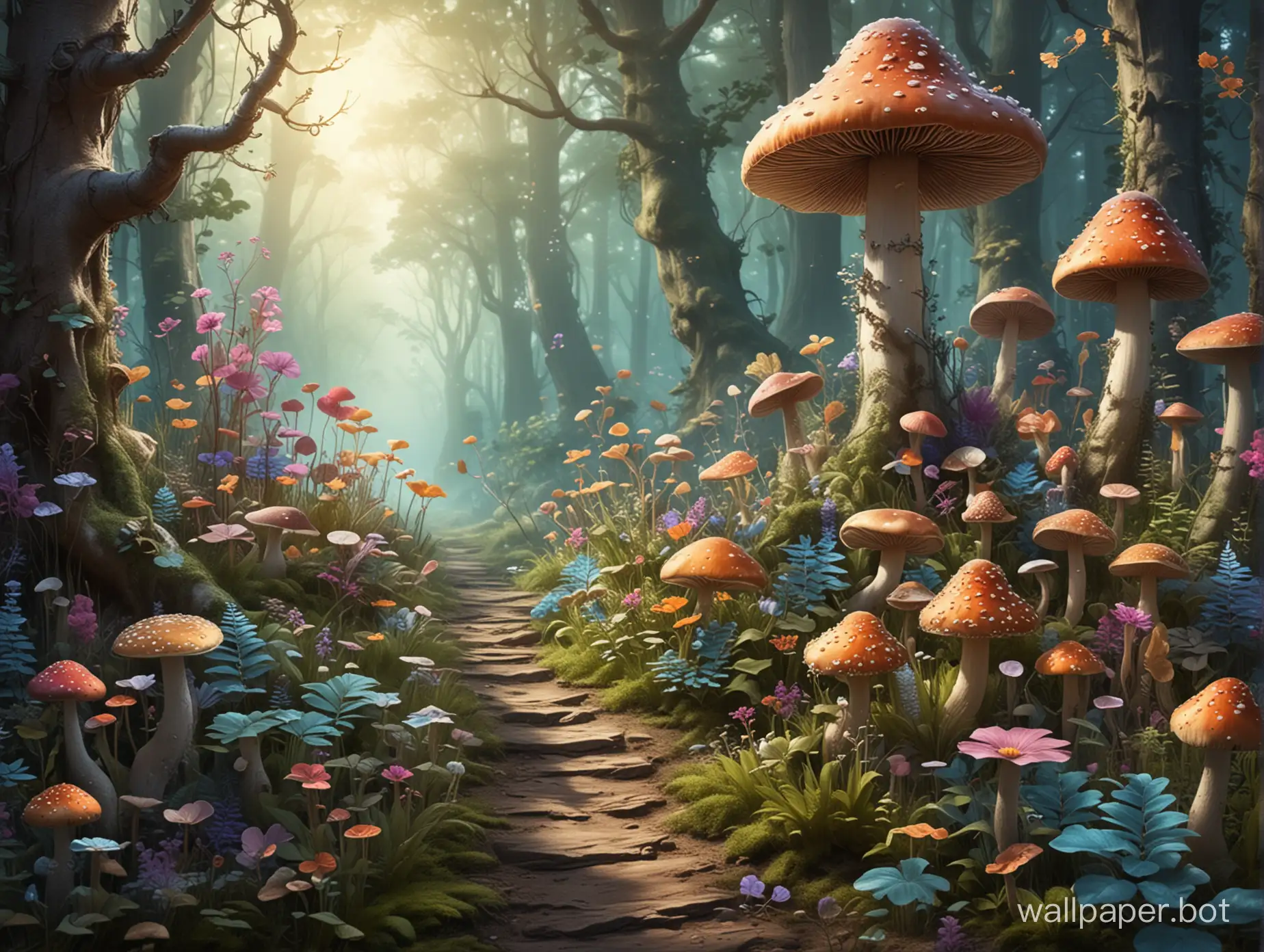 Fantasy forest with flowers, mushrooms and plants in artsy style