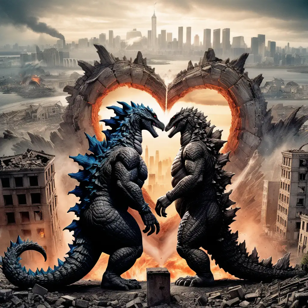 Romantic Godzilla Duo Amidst HeartShaped Ruins in Cityscape